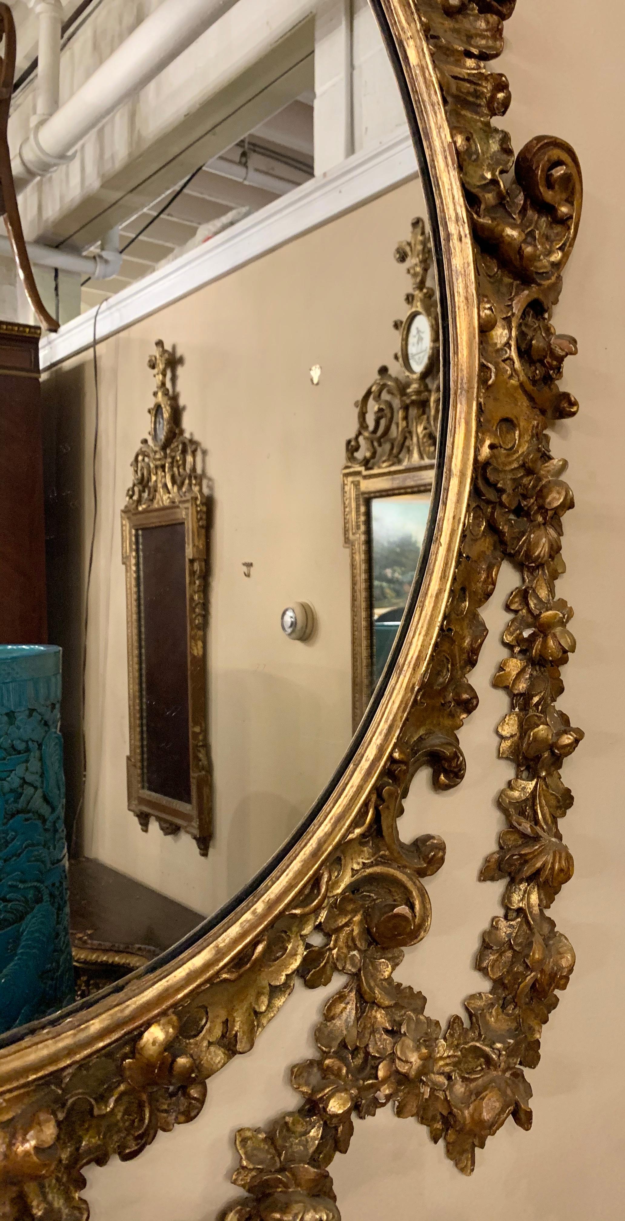 19th Early 20th Century Carved Oval Giltwood Wall / Console Mirror 5