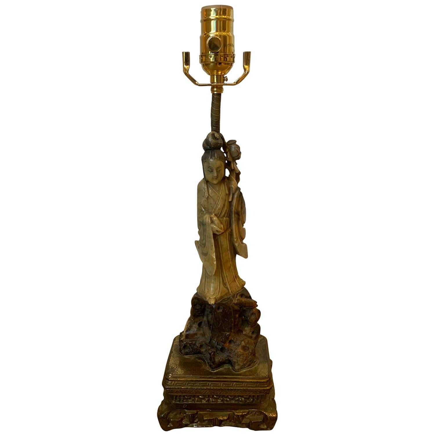 19th-Early 20th Century Carved Soapstone Figure with Old Mounts as Lamp