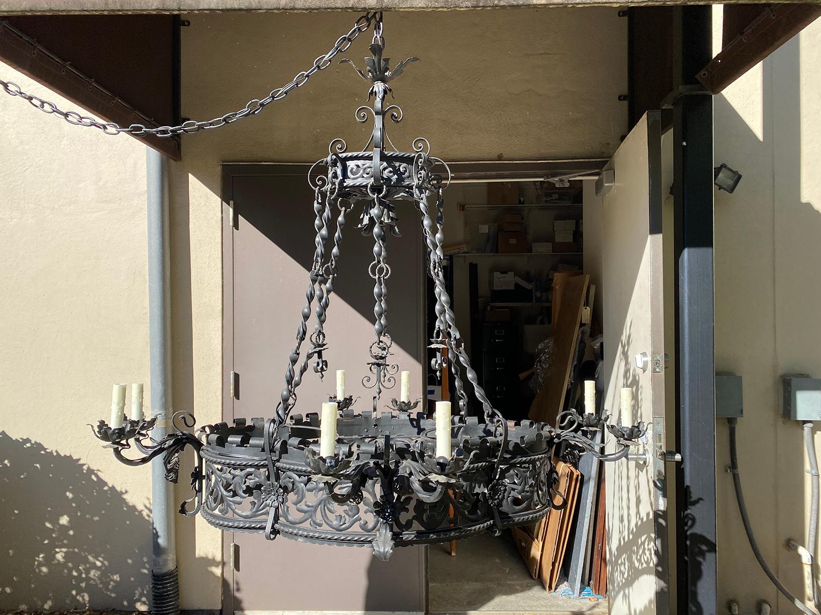 Large scale 19th-early 20th century continental wrought iron eight-arm chandelier
New wiring.