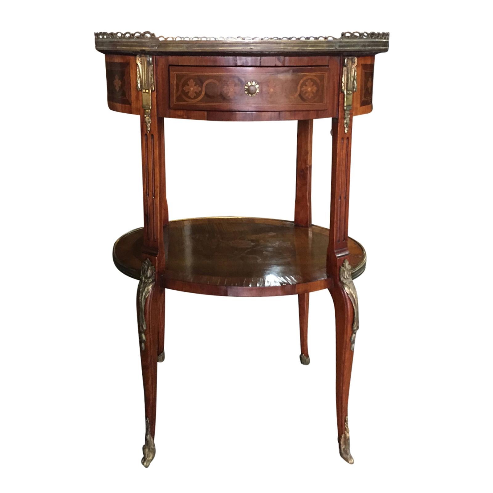 19th-Early 20th Century French Inlaid Side Table with Flowers, Marble Top For Sale