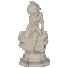 Antique 19th-Early 20th Century Marble Sculpture Young Child with Kitten, circa 1920