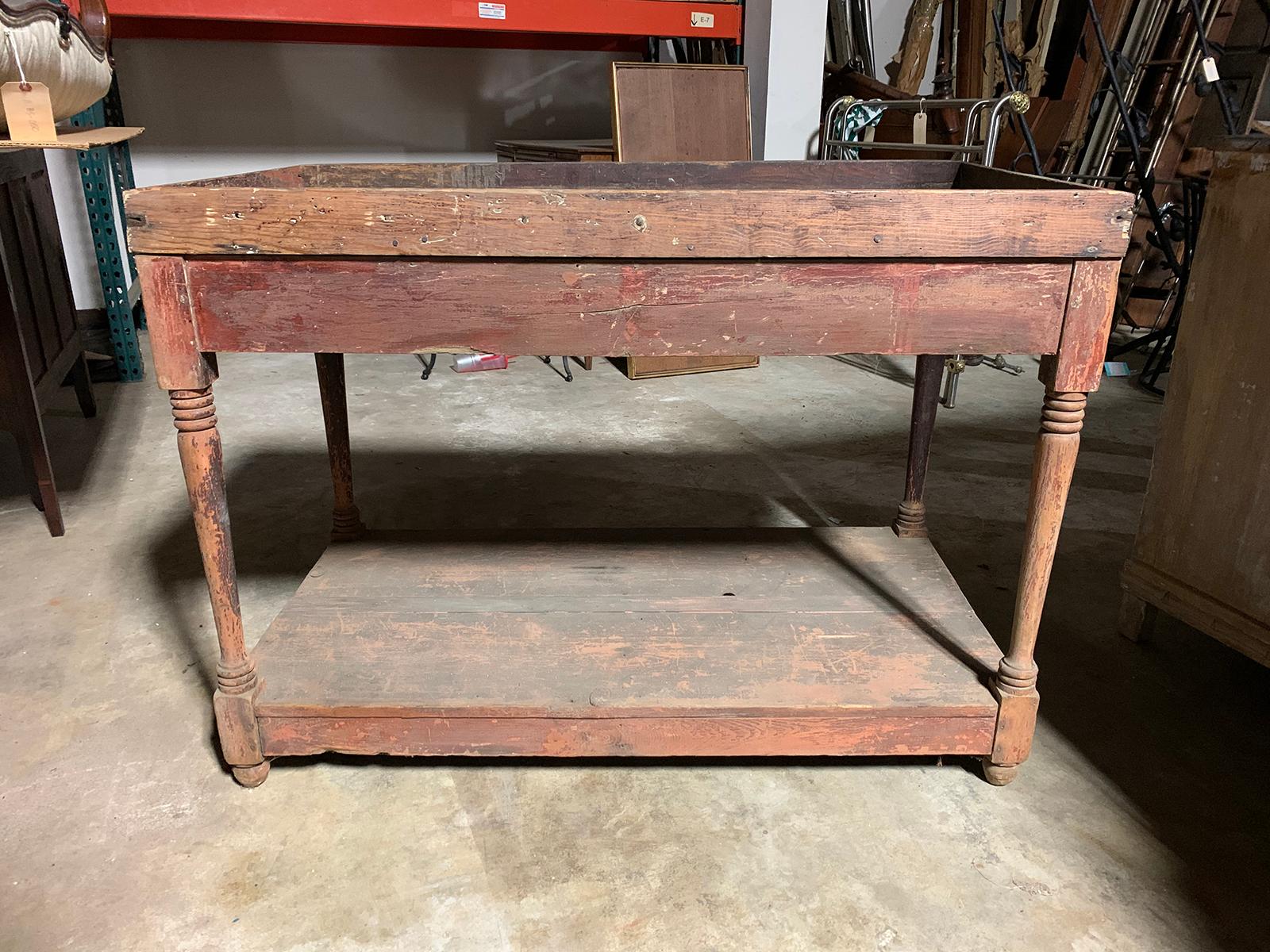 19th-early 20th century Primitive American painted rustic work table, original finish.