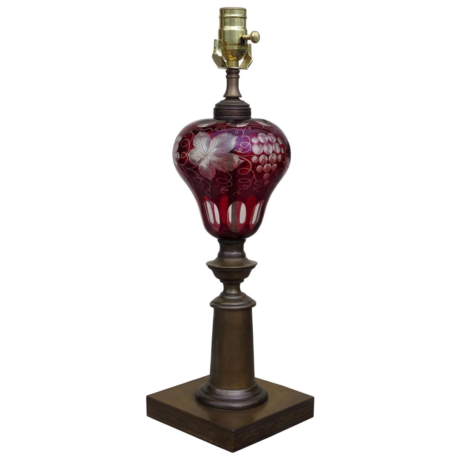 19th-Early 20th Century Red Cut to Clear Glass Lamp on Bronze Base