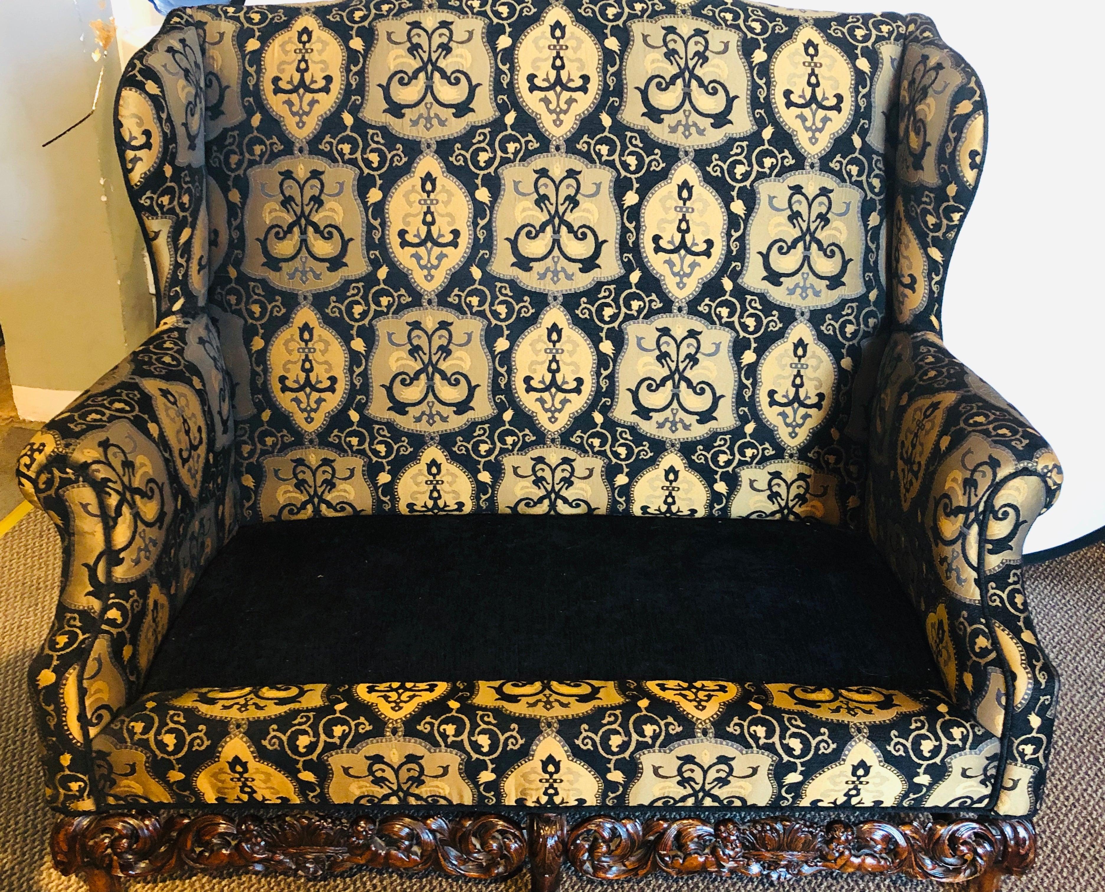 Italian Rococo Revival Style Settee or Sofa, Black and Beige Upholstery, a Pair For Sale 2