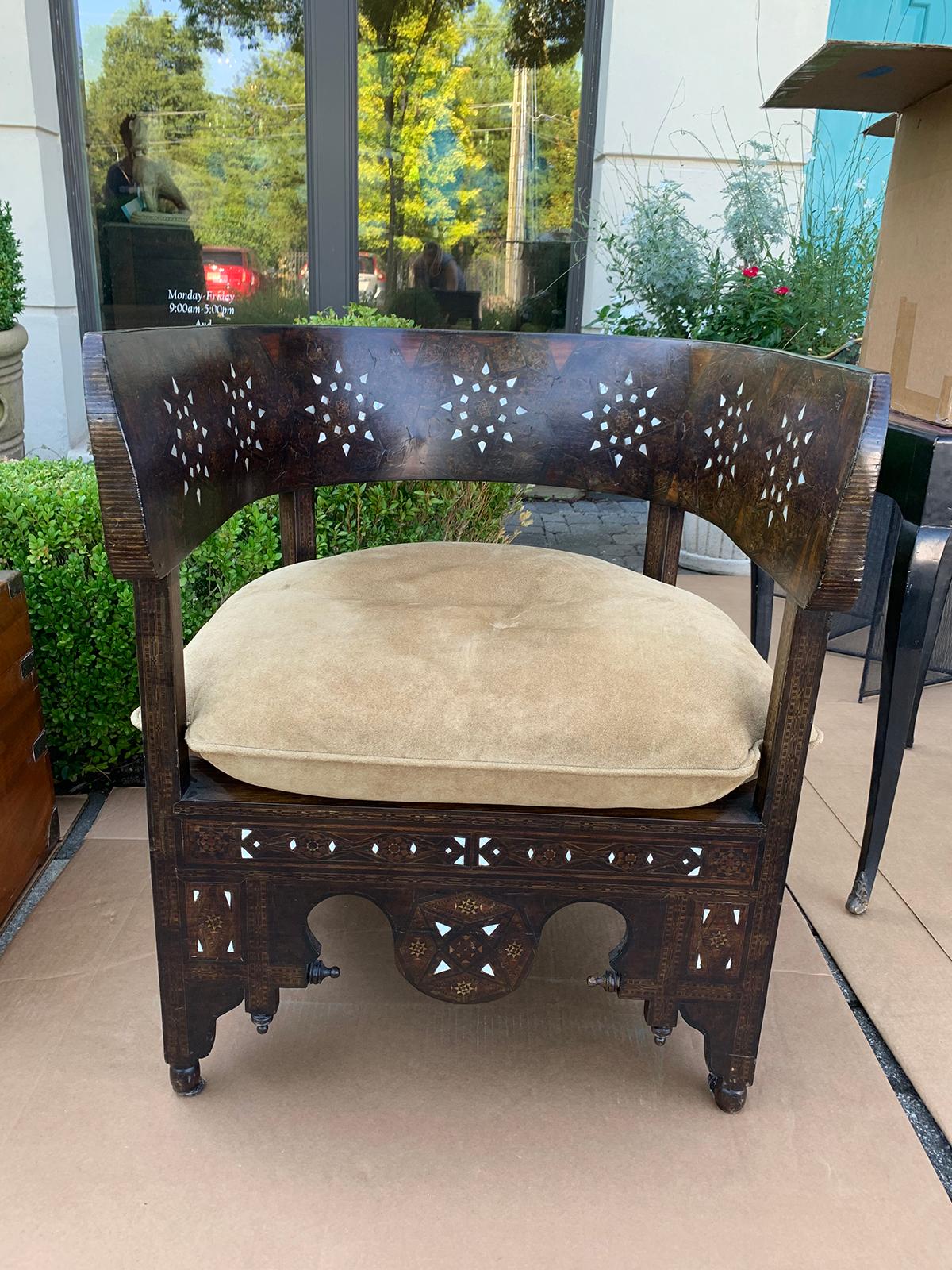 19th-early 20th century Syrian inlaid barrel tub chair.