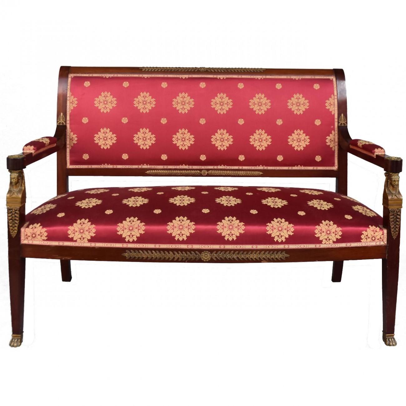 19th Empire Mahogany Salon Style Ormolu and Upholstered Silk 10