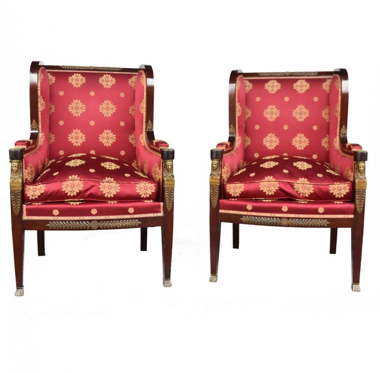Late 19th century Empire style mahogany lounge golden bronze upholstered silk. 2 chairs. 4 armchairs. 1 sofa.
Dimension Bergere chairs 41.73 in H 26.37 in W 21.65 in D
Dimension chairs 38.18 in H 38.18 in W 21.65 in D
Dimension bench 38.18 in H