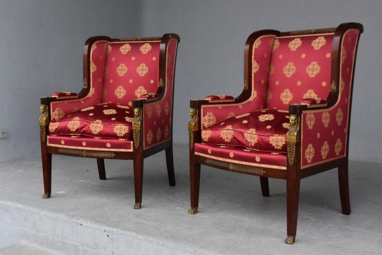 French 19th Empire Mahogany Salon Style Ormolu and Upholstered Silk