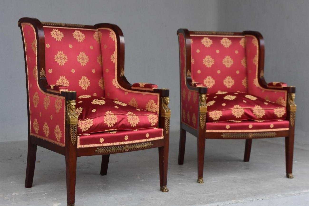 19th Century 19th Empire Mahogany Salon Style Ormolu and Upholstered Silk