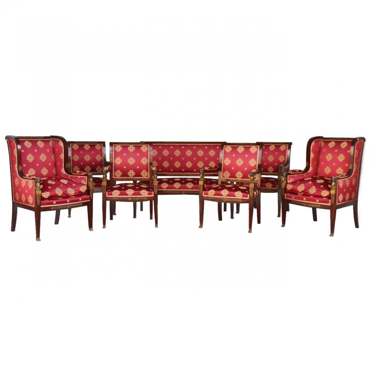 19th Empire Mahogany Salon Style Ormolu and Upholstered Silk