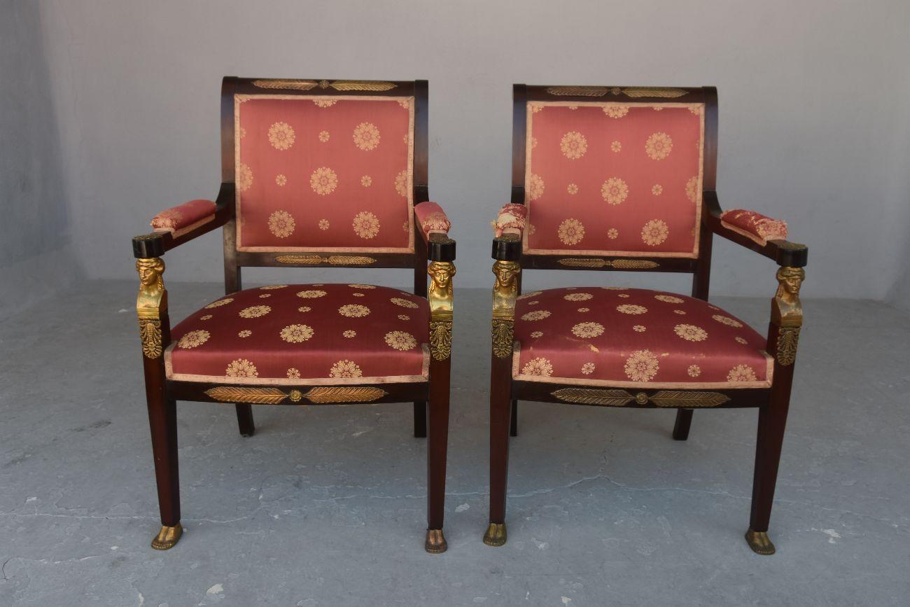 19th Century Empire Style Mahogany Living Room and Gilded Bronze Caryatid Head For Sale 7