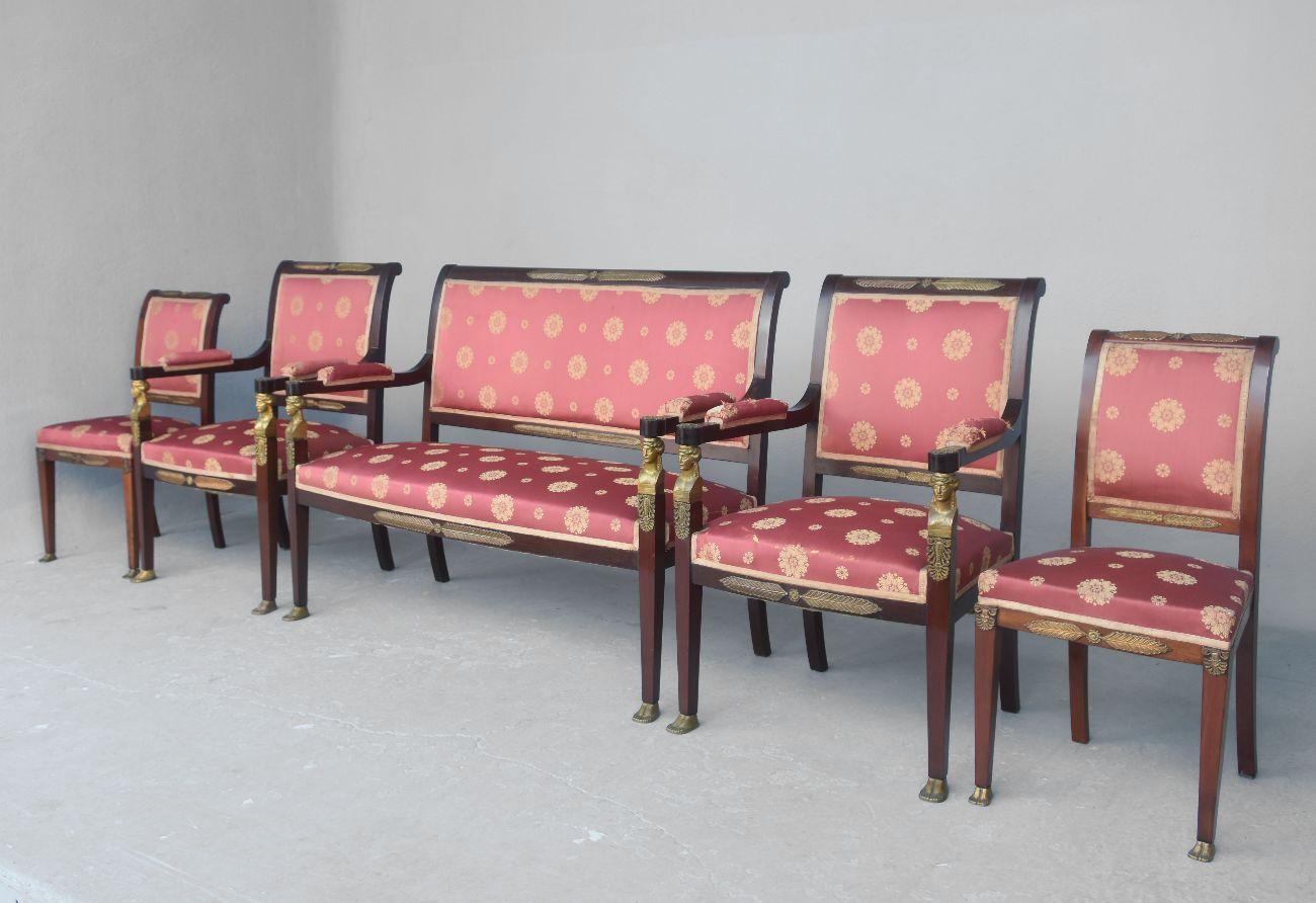 French 19th Century Empire Style Mahogany Living Room and Gilded Bronze Caryatid Head For Sale