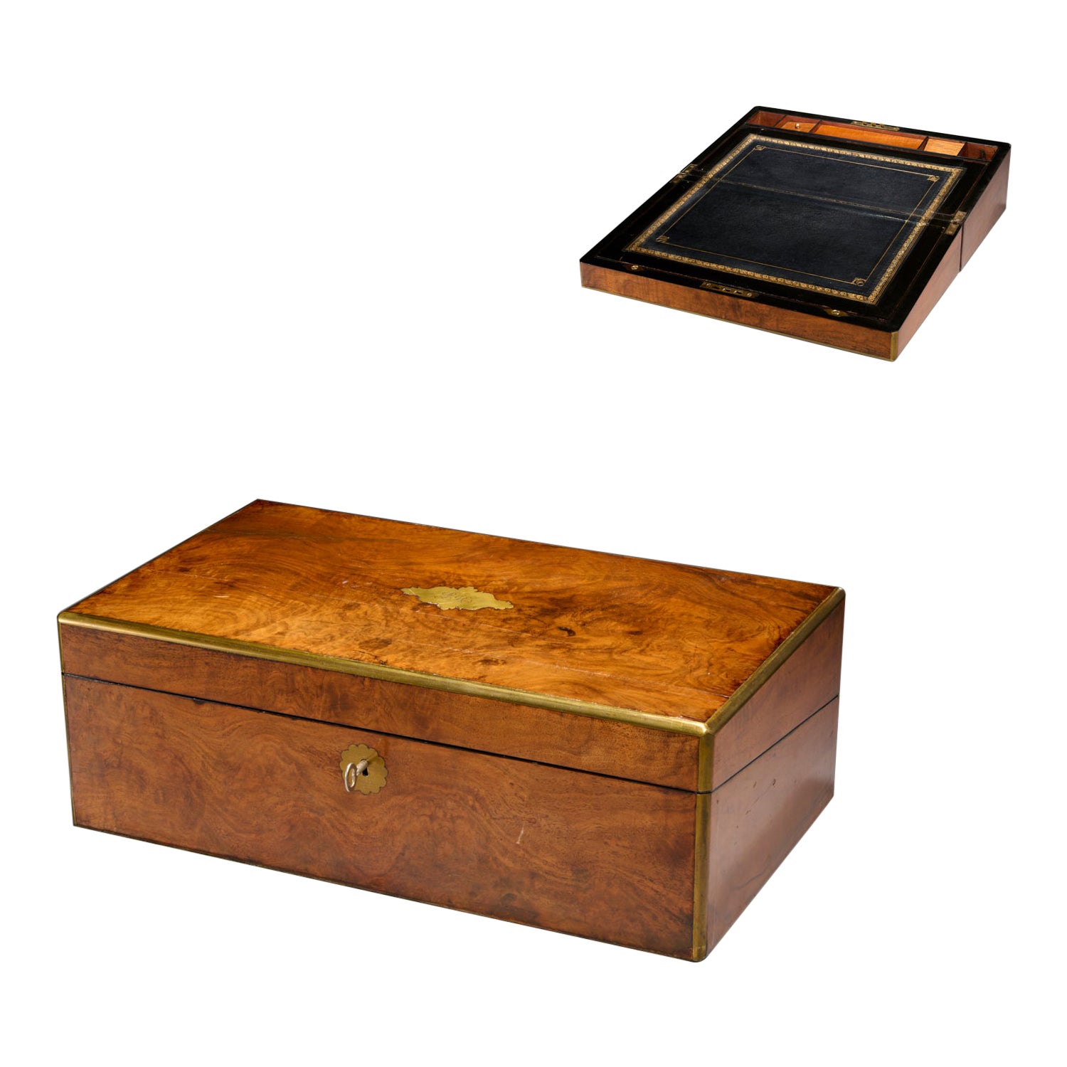 19th English Brass Banded Mahogany Lap Desk With Gilt Tooled Leather For Sale