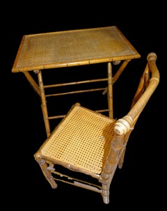 English Campaign Wood and Rattan Writing Desk Folding Table and Chair