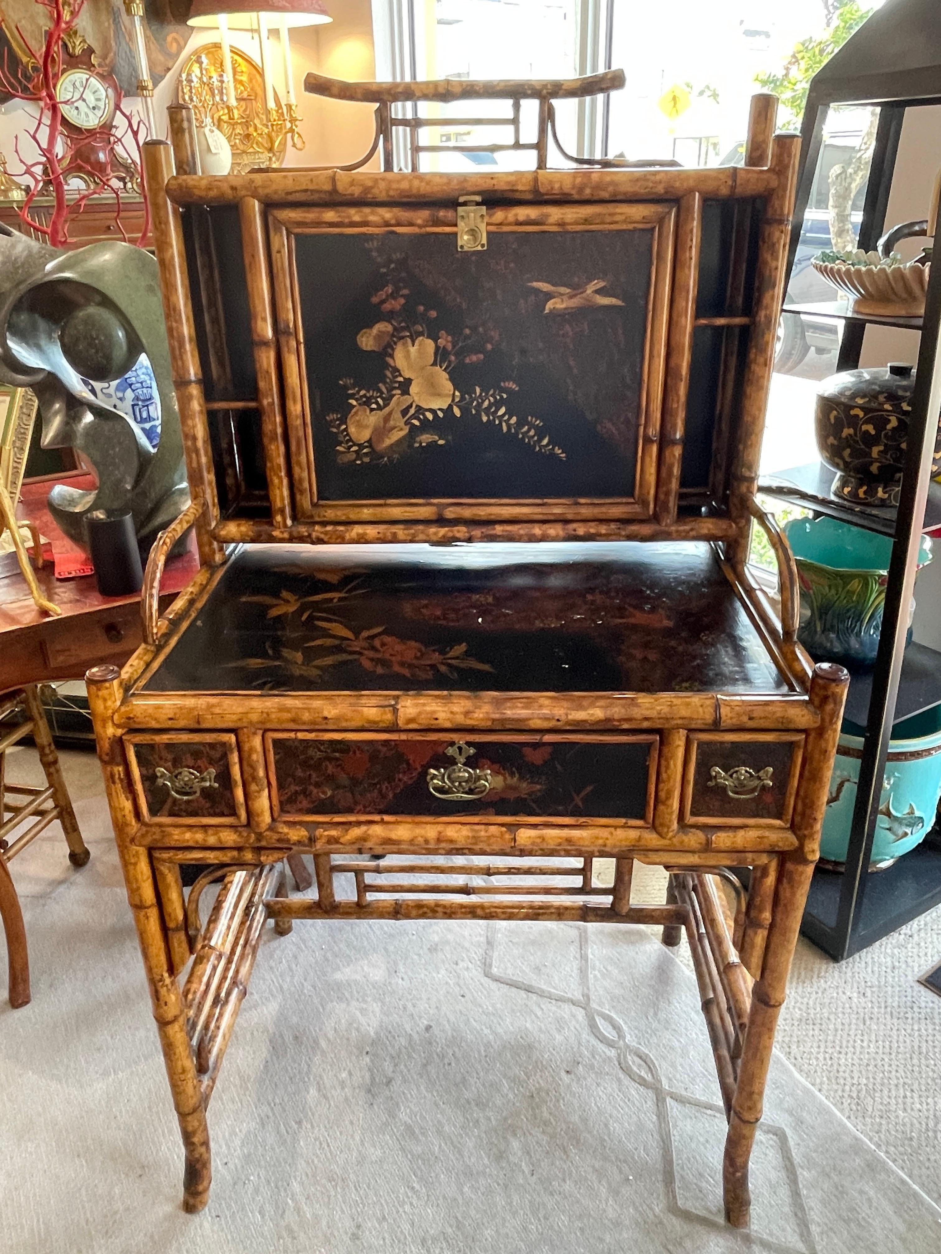 British Colonial 19Th. English Colonial Tortoiseshell Bamboo  & Lacquer Drop-Front Desk