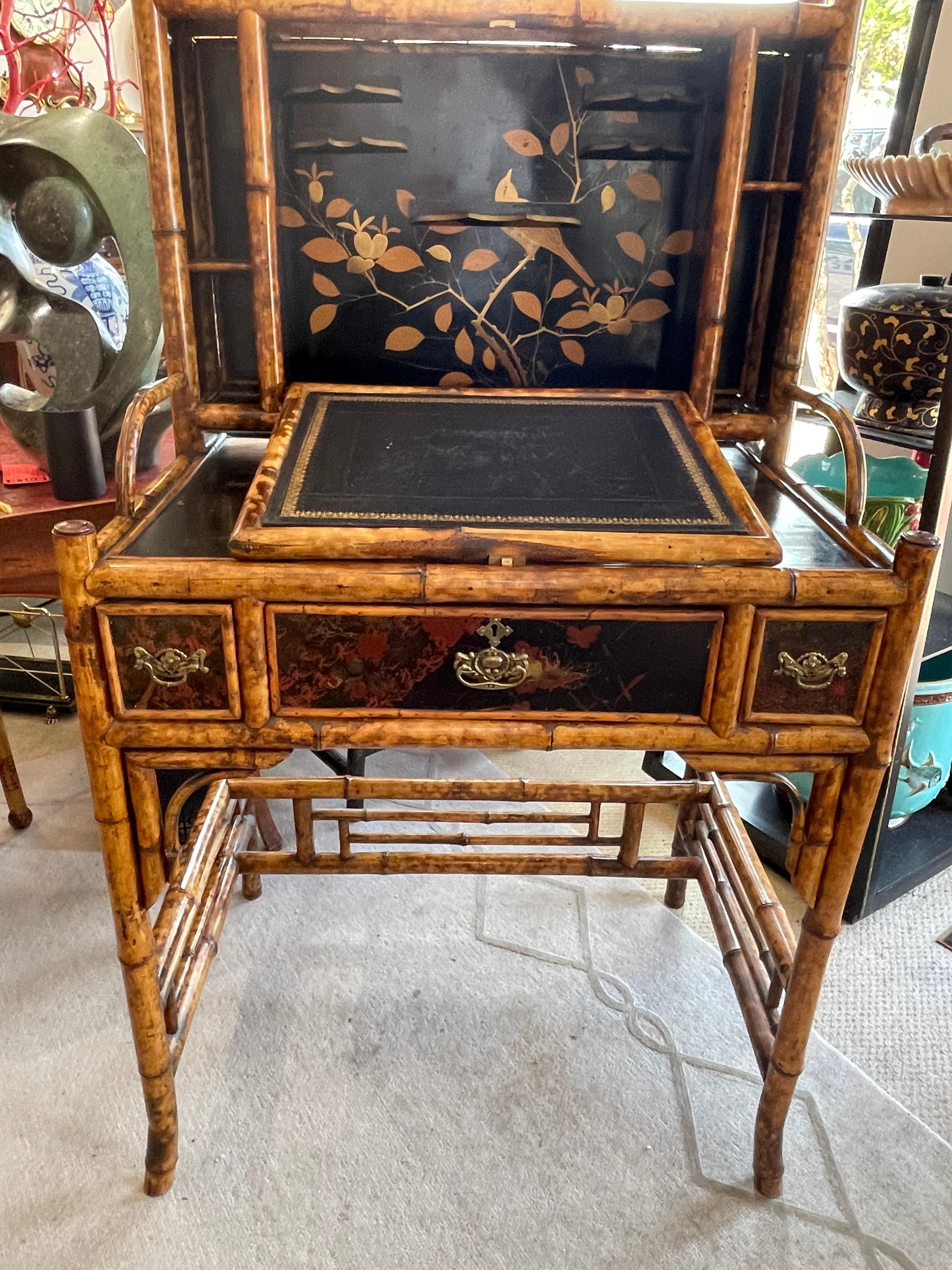 British 19Th. English Colonial Tortoiseshell Bamboo  & Lacquer Drop-Front Desk