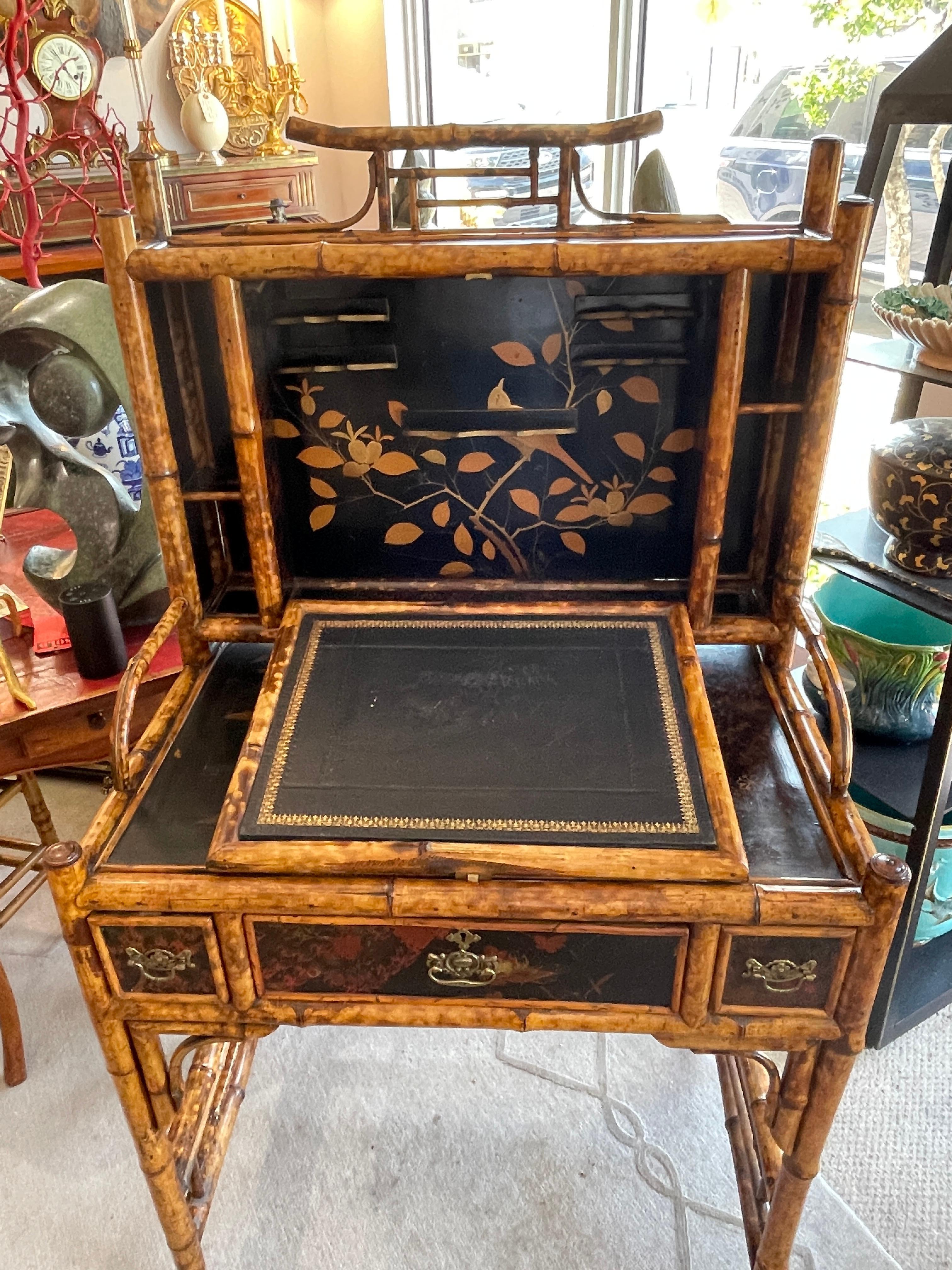 19th Century 19Th. English Colonial Tortoiseshell Bamboo  & Lacquer Drop-Front Desk