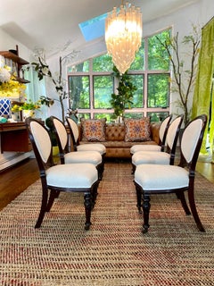 19th English Dining Chairs, Carved Cherry Wood, Boucle Fabric, circa 1880