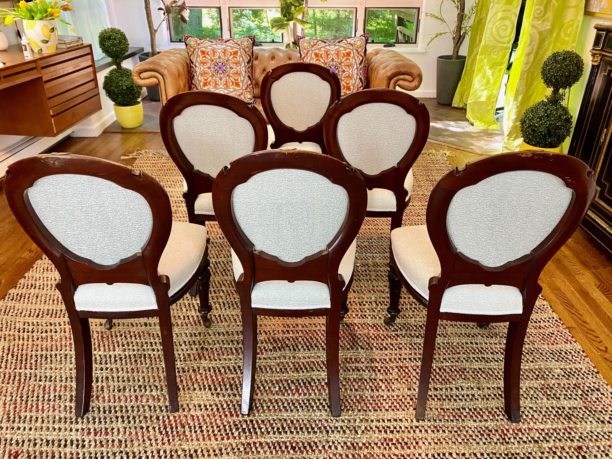 Victorian 19th English Dining Chairs, Carved Cherry Wood, Boucle Fabric, circa 1880 For Sale