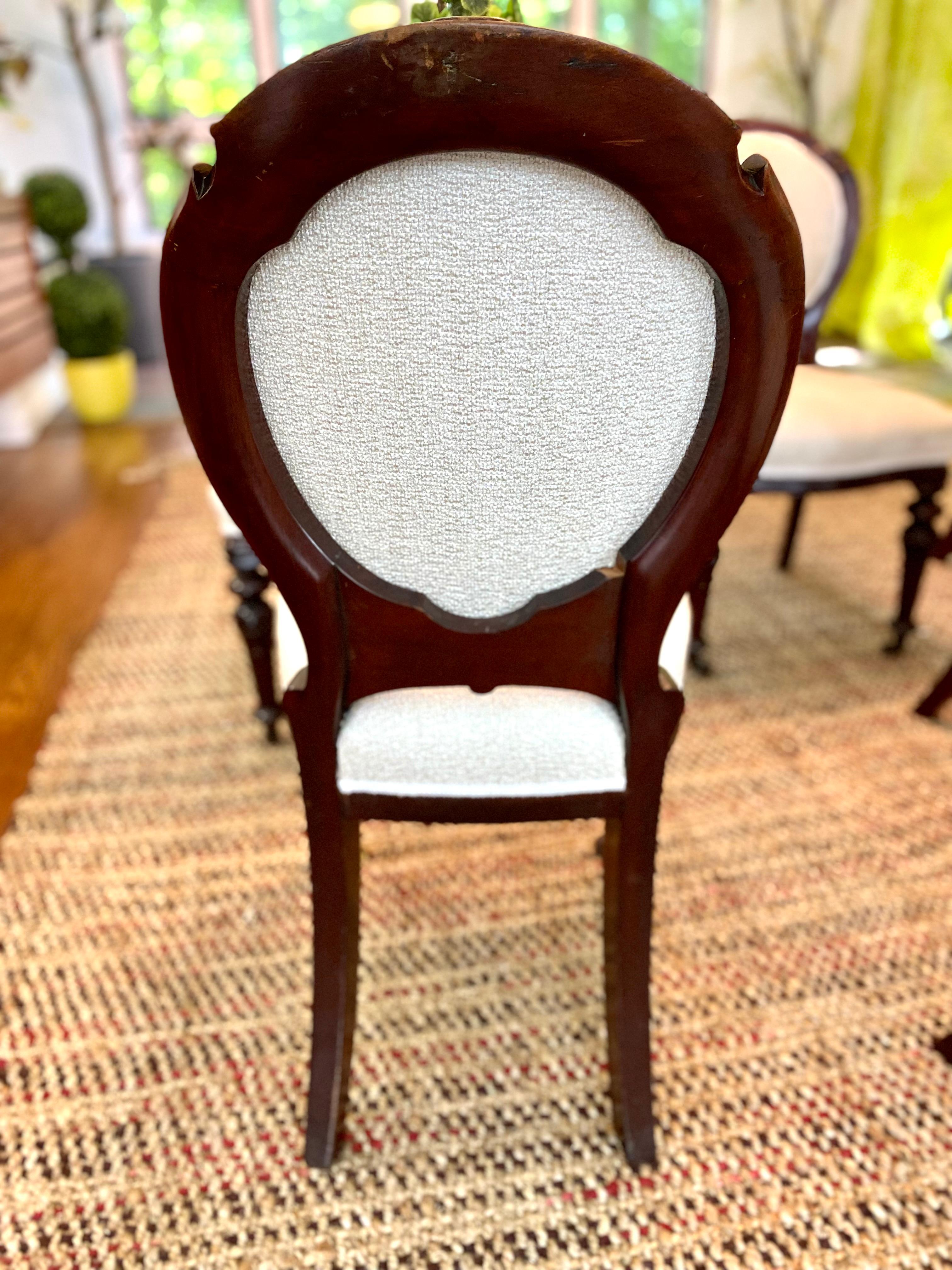 19th Century 19th English Dining Chairs, Carved Cherry Wood, Boucle Fabric, circa 1880 For Sale