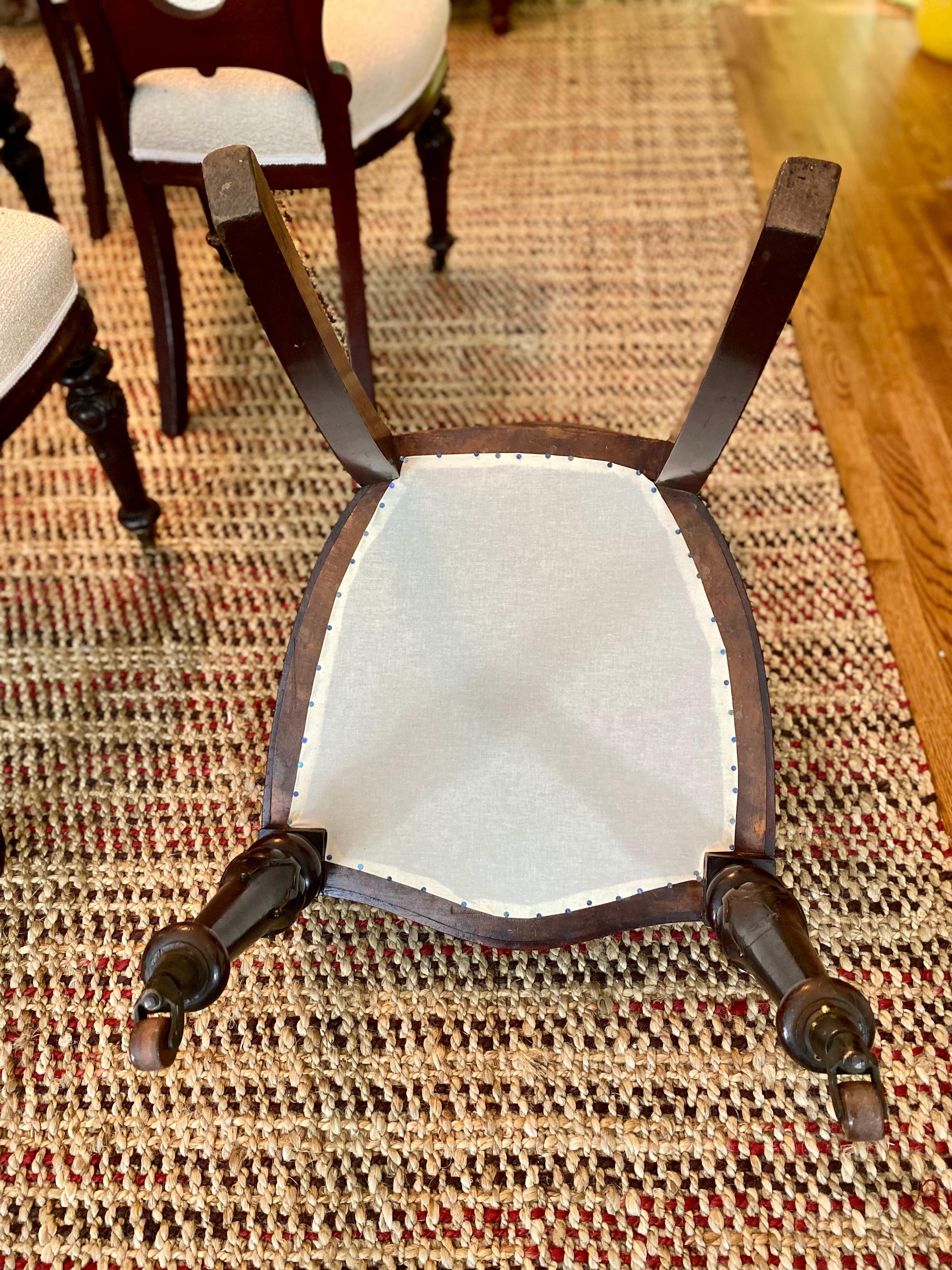 19th English Dining Chairs, Carved Cherry Wood, Boucle Fabric, circa 1880 For Sale 2