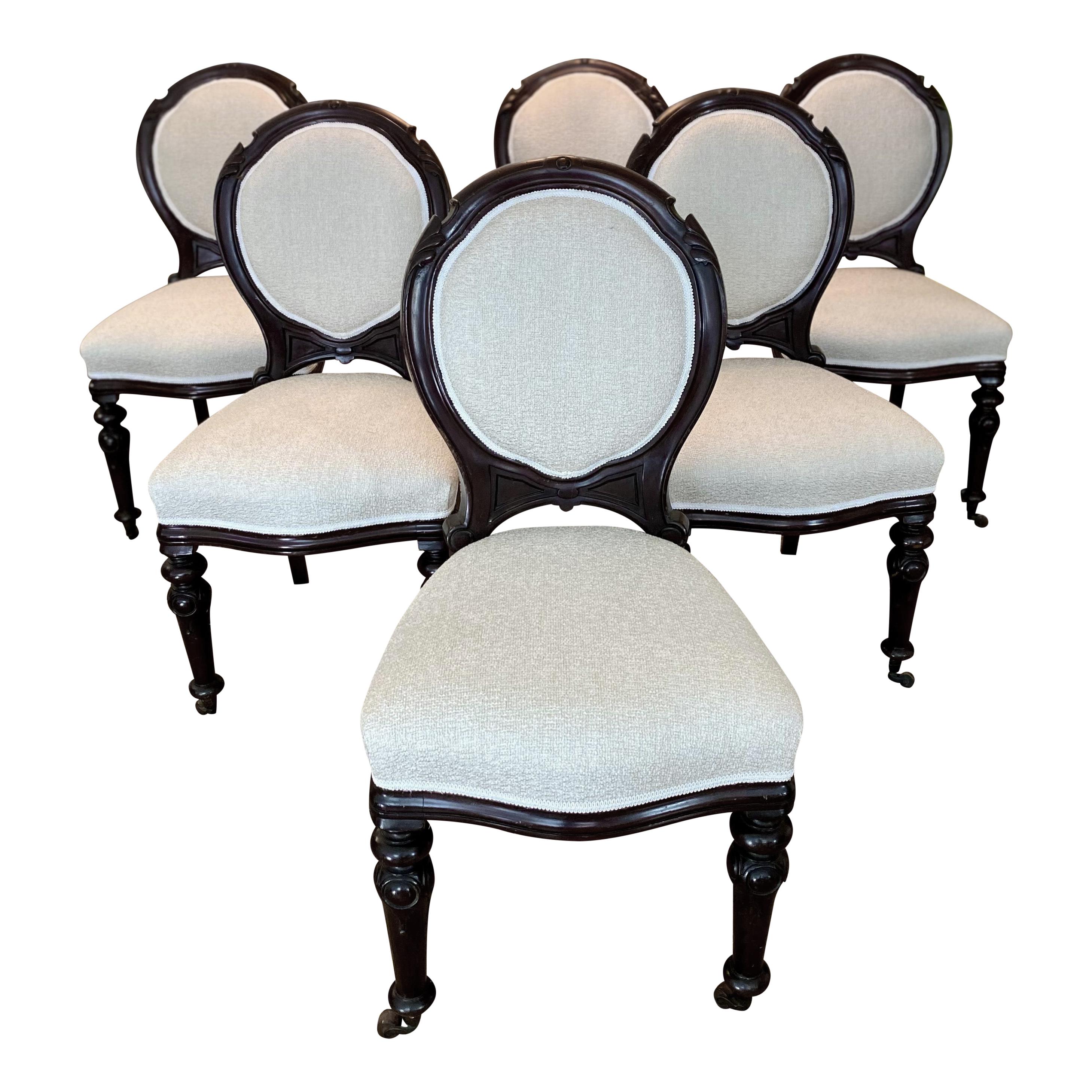 19th English Dining Chairs, Carved Cherry Wood, Boucle Fabric, circa 1880 For Sale