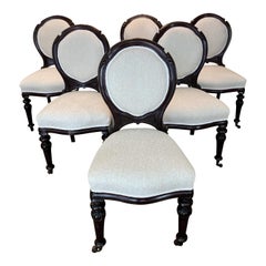 Used 19th English Dining Chairs, Carved Cherry Wood, Boucle Fabric, circa 1880