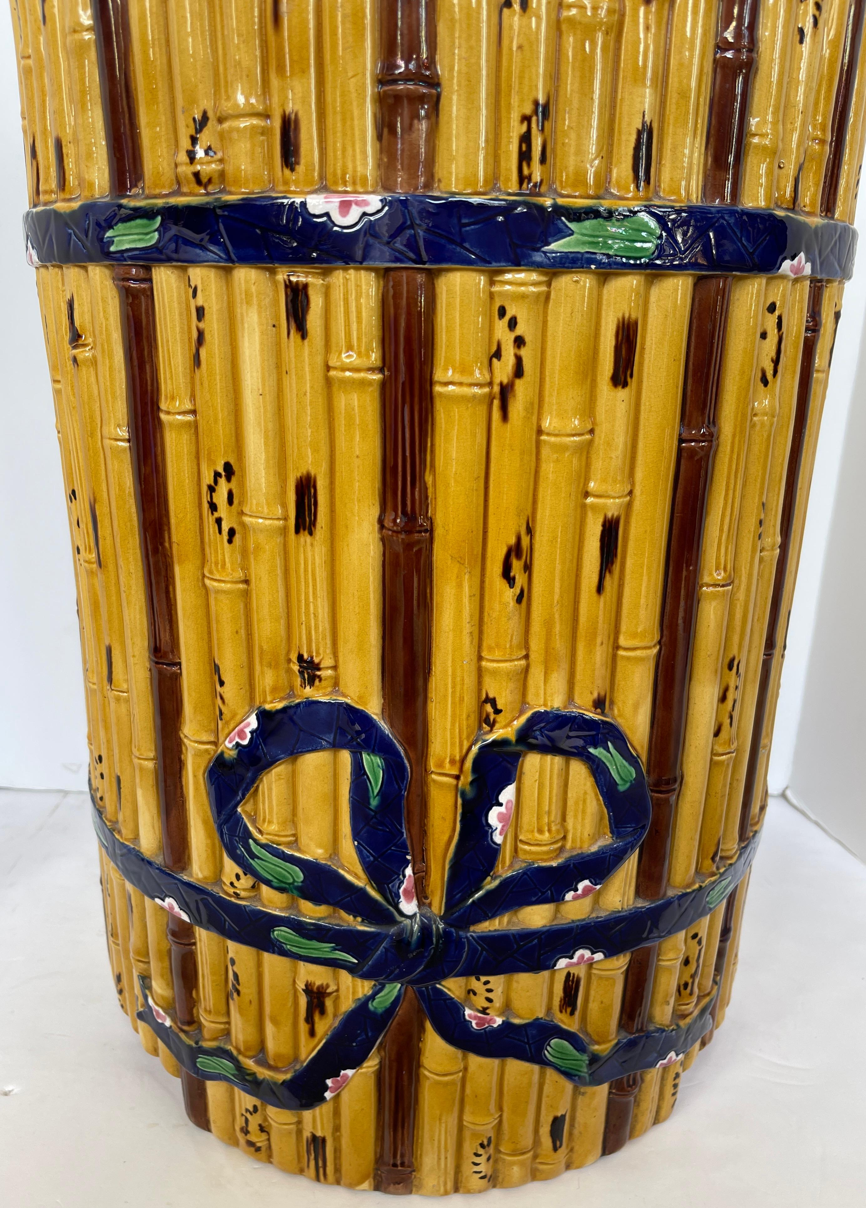 Late Victorian Majolica Rare Faux Bamboo Garden Seat By  Minton, C.1865 For Sale