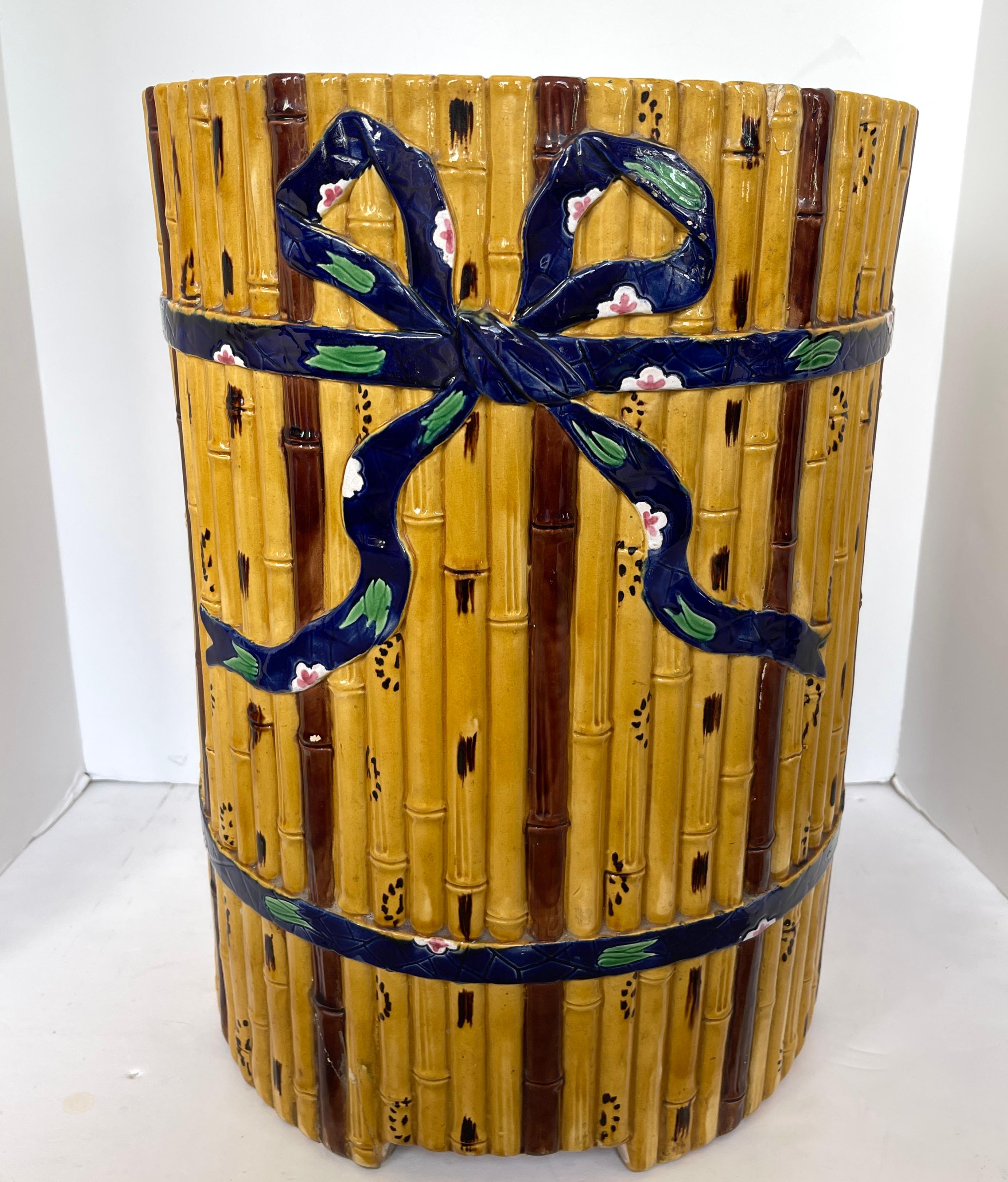 English Majolica Rare Faux Bamboo Garden Seat By  Minton, C.1865 For Sale
