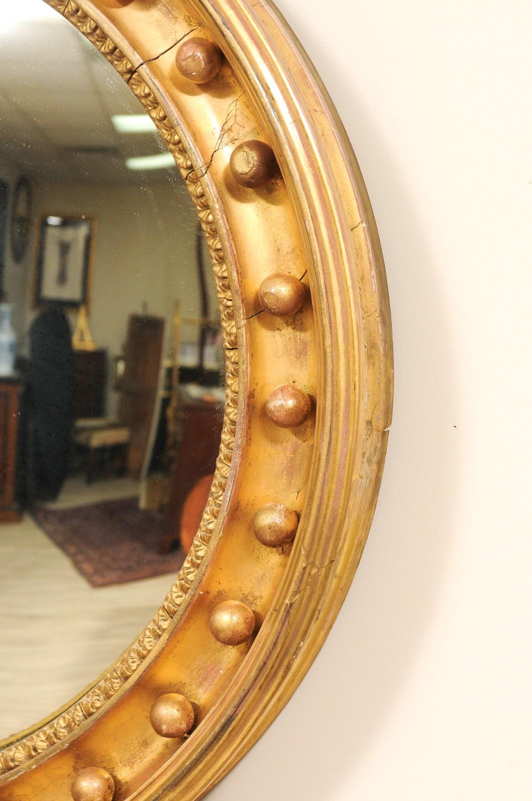 19th Century 19th English Regency Bullseye Convex Giltwood Frame Mirror with Eagle For Sale