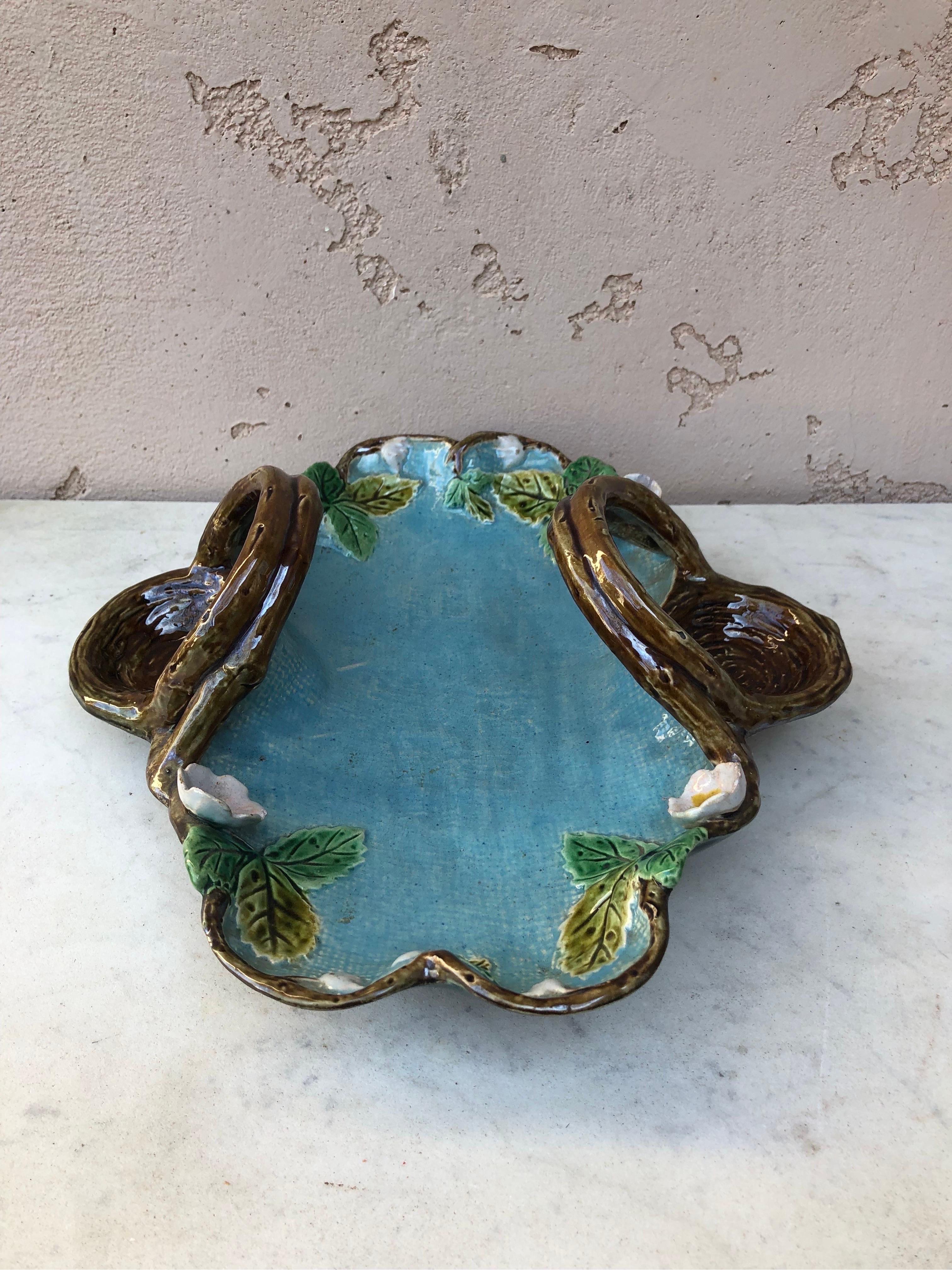 19th English Victorian Majolica Strawberries Platter With Handles possibly Holdcroft.