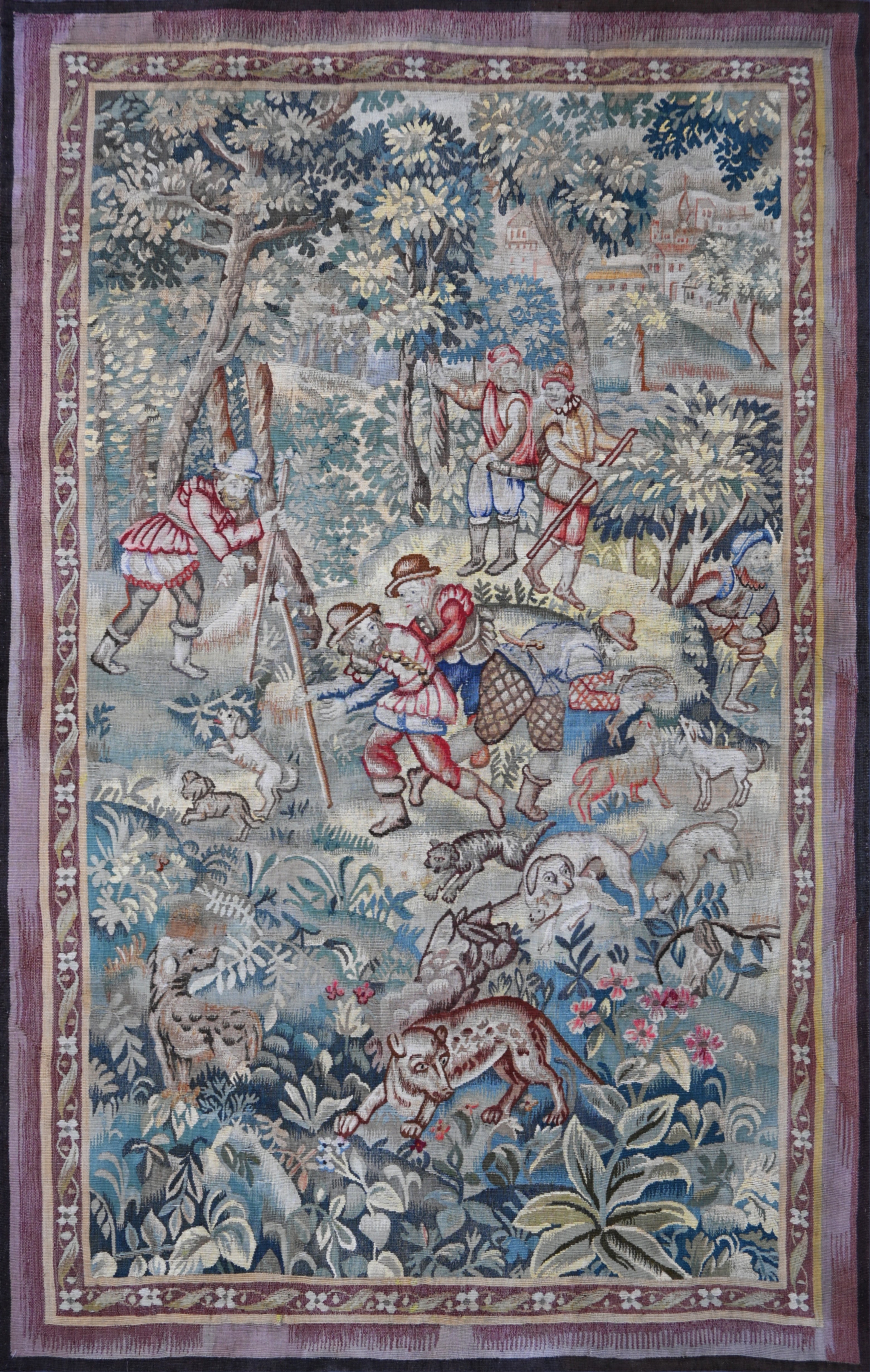 19th Flemish Tapestry, Wolf Hunting Scene, in the 16th Century Style, N° 1687 For Sale