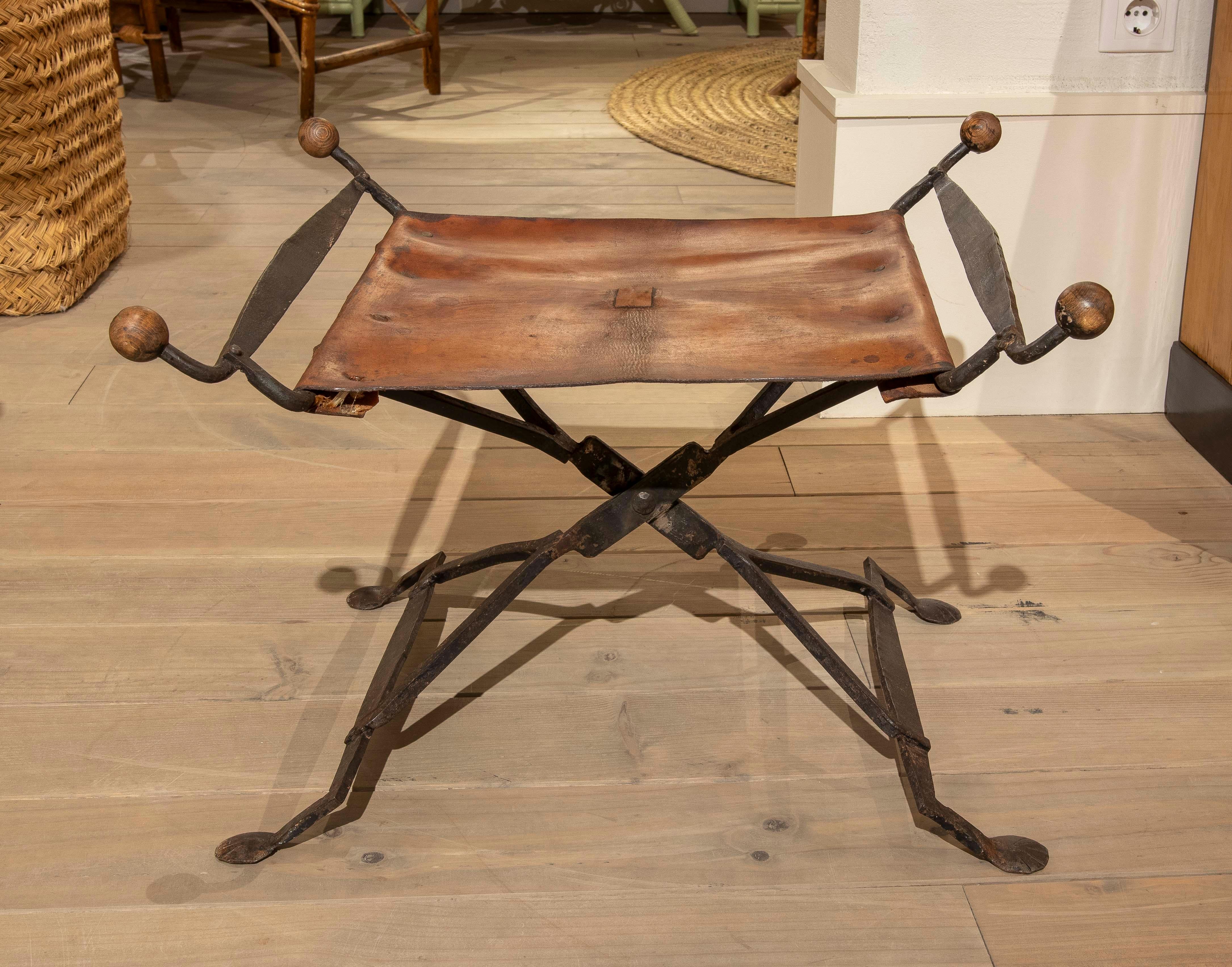 Spanish 19th Folding Iron Chair with Leather Seat