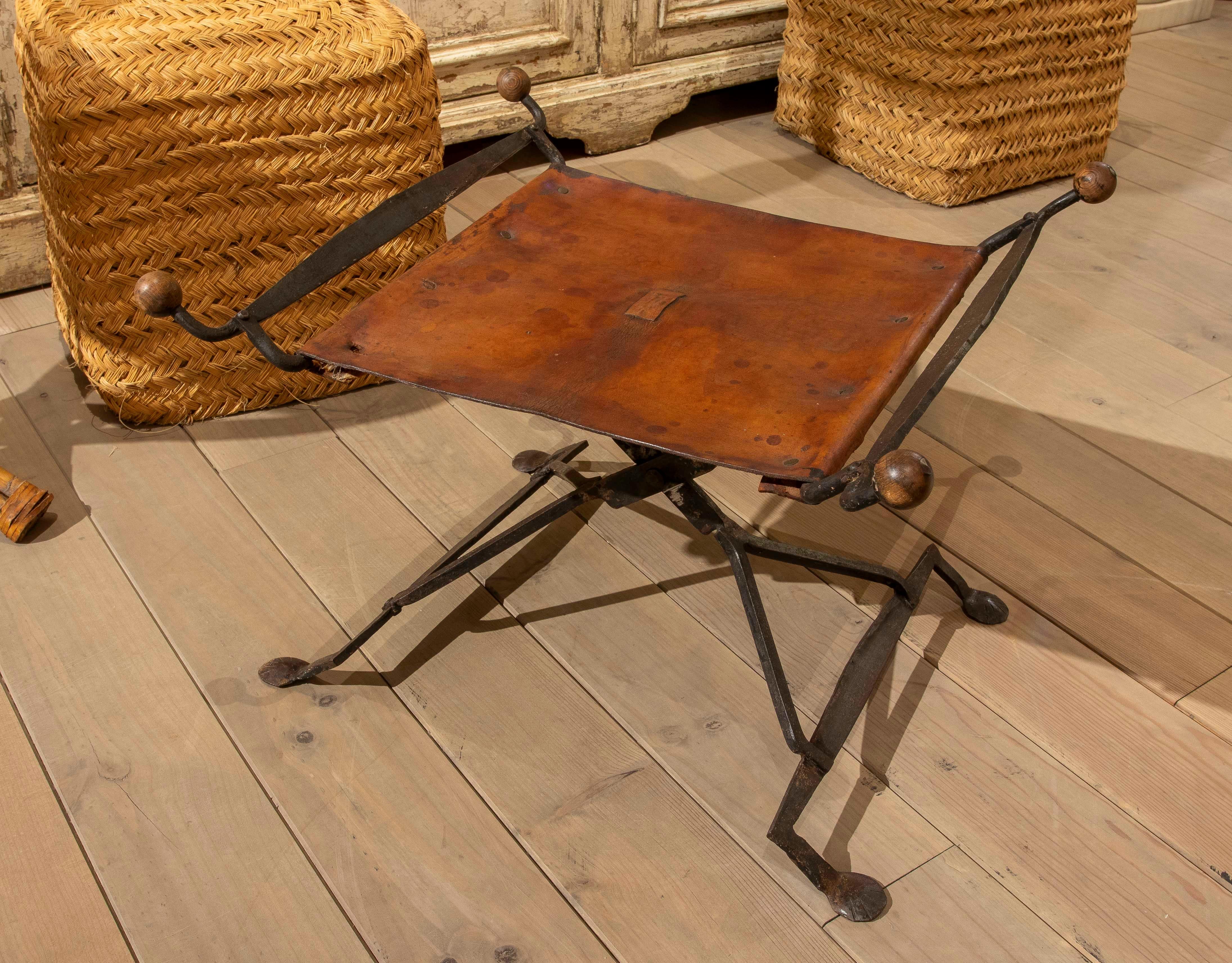 19th Century 19th Folding Iron Chair with Leather Seat