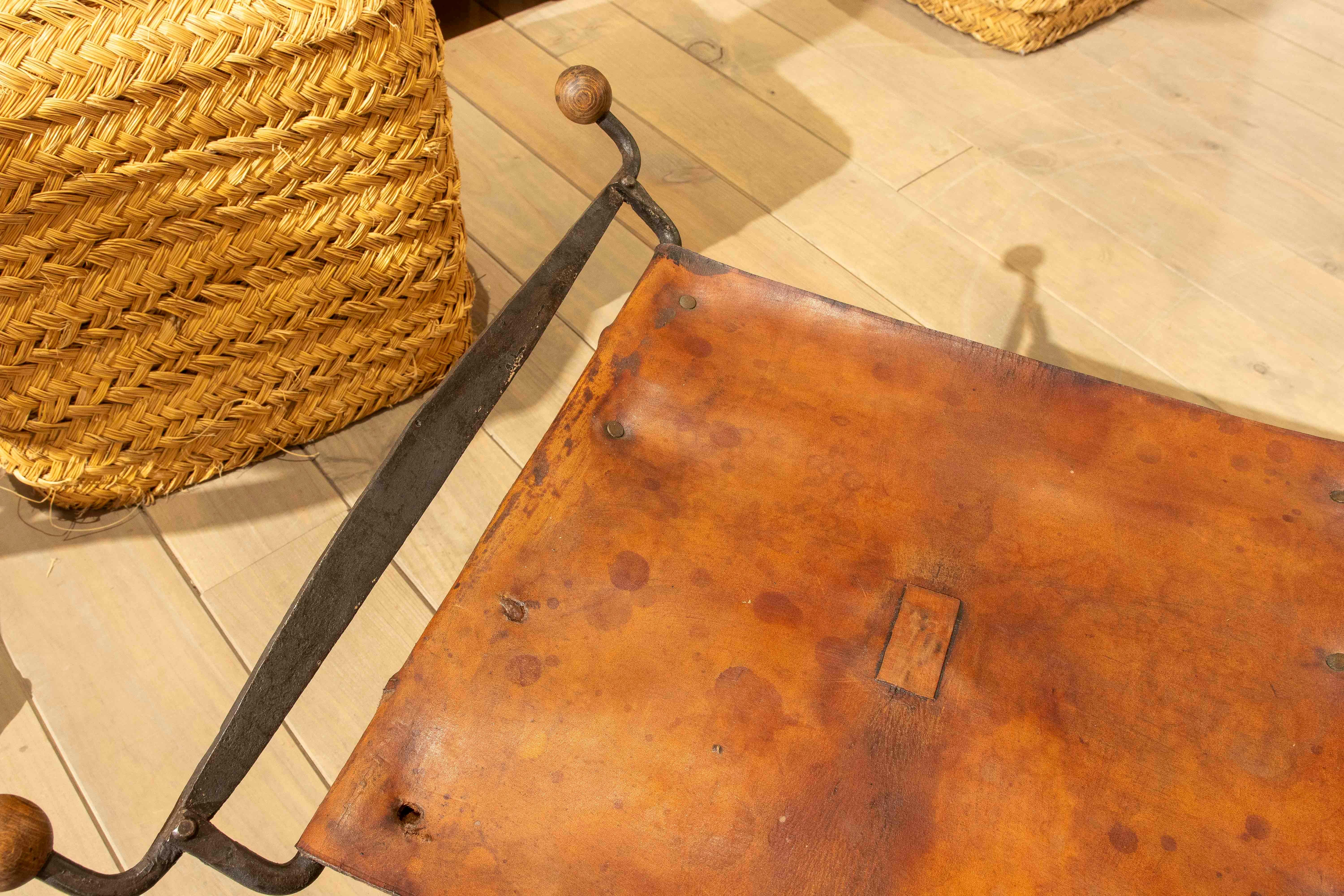 19th Folding Iron Chair with Leather Seat 1