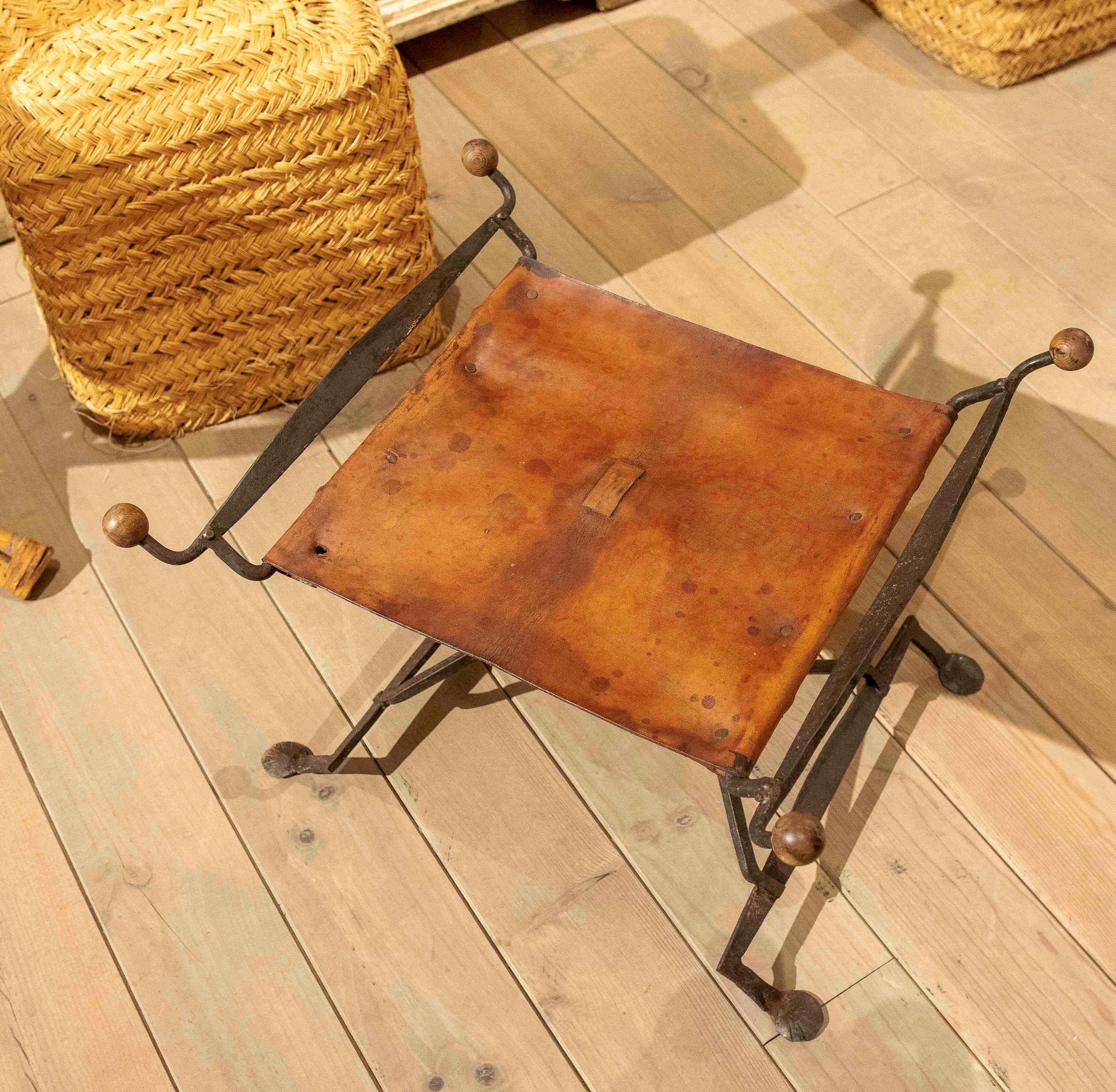 19th Folding Iron Chair with Leather Seat 3