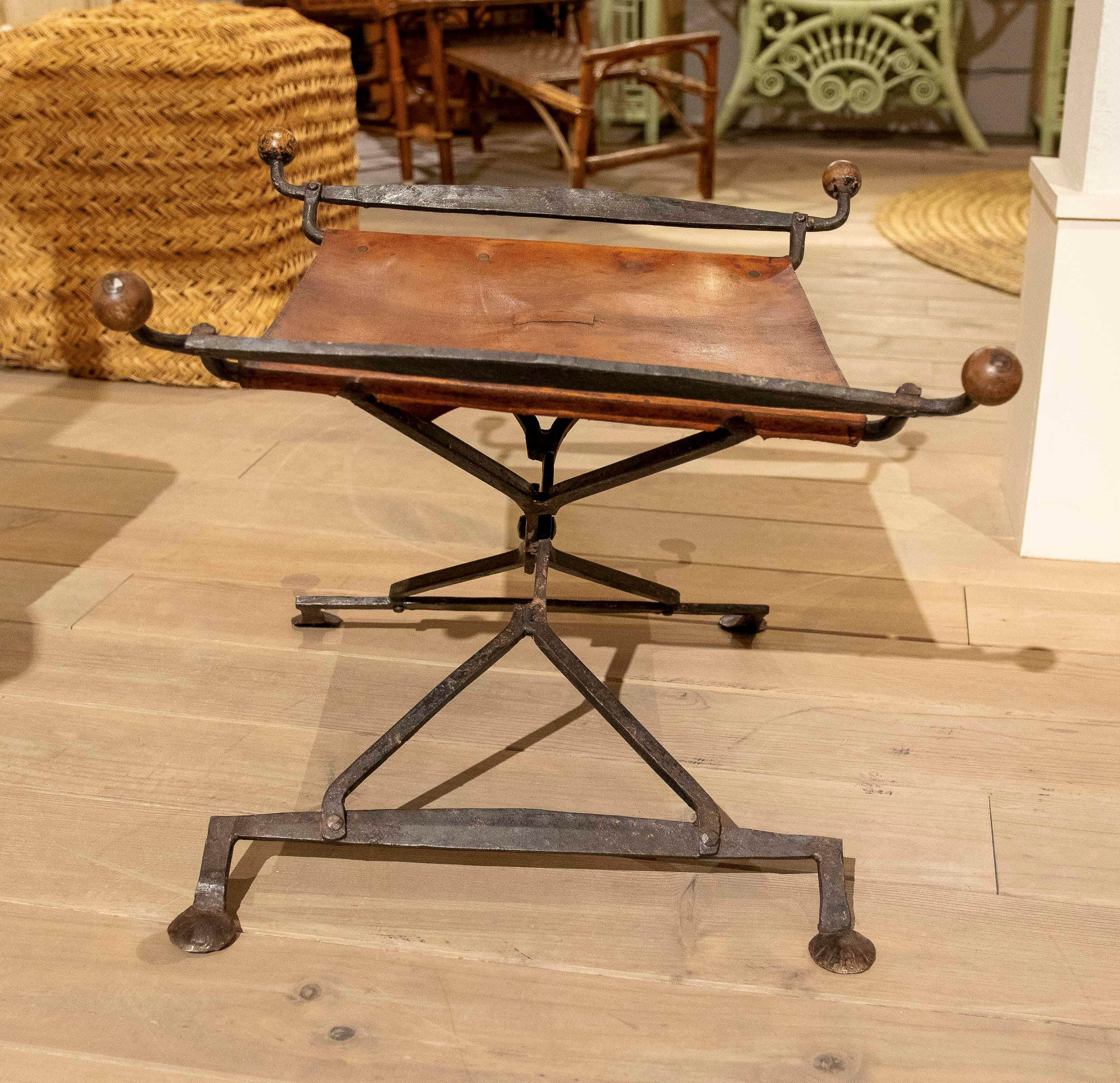 19th Folding Iron Chair with Leather Seat 4