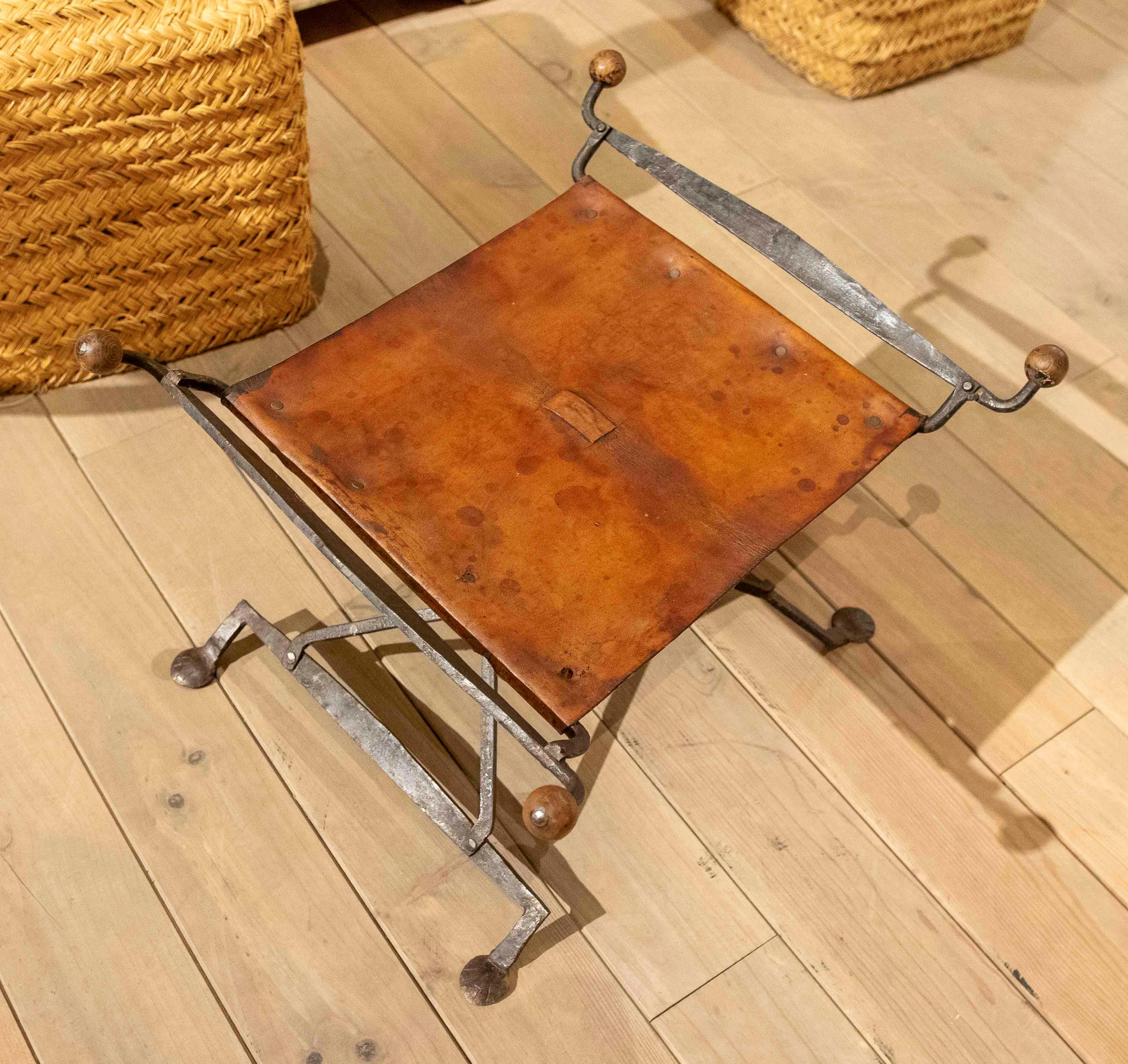 19th Folding Iron Chair with Leather Seat 5