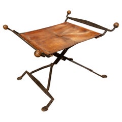19th Folding Iron Chair with Leather Seat