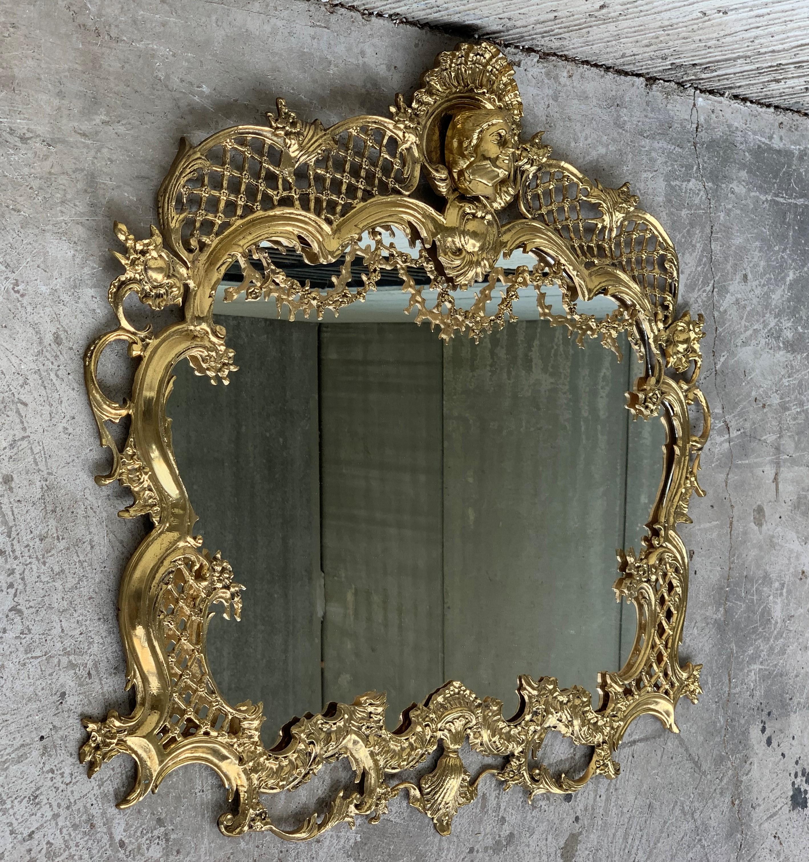 19th French handmade bronze mirror with reliefs.