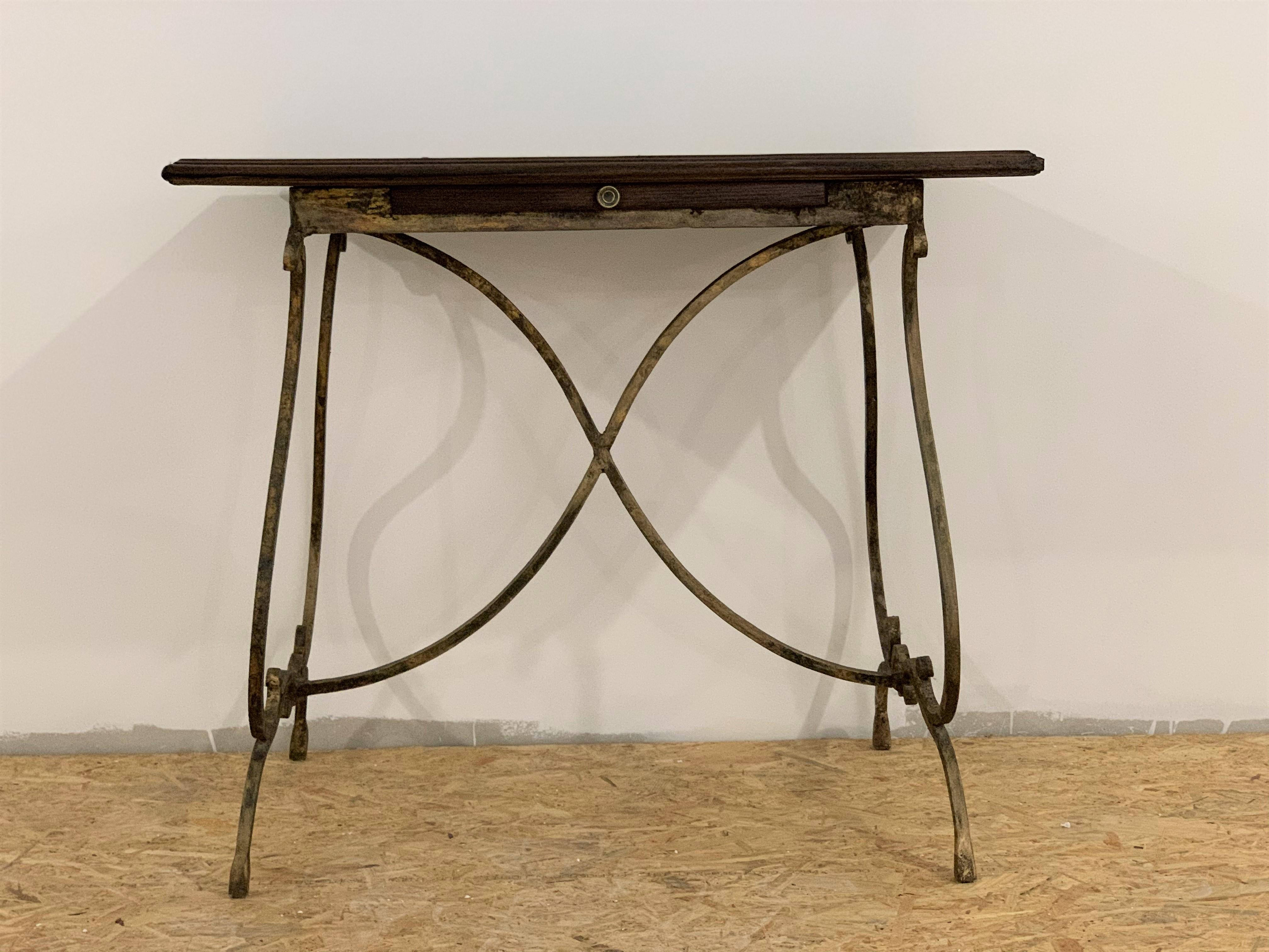 Baroque 19th French Bistro Table with Iron Lyre Legs & Wood Top with Drawer For Sale