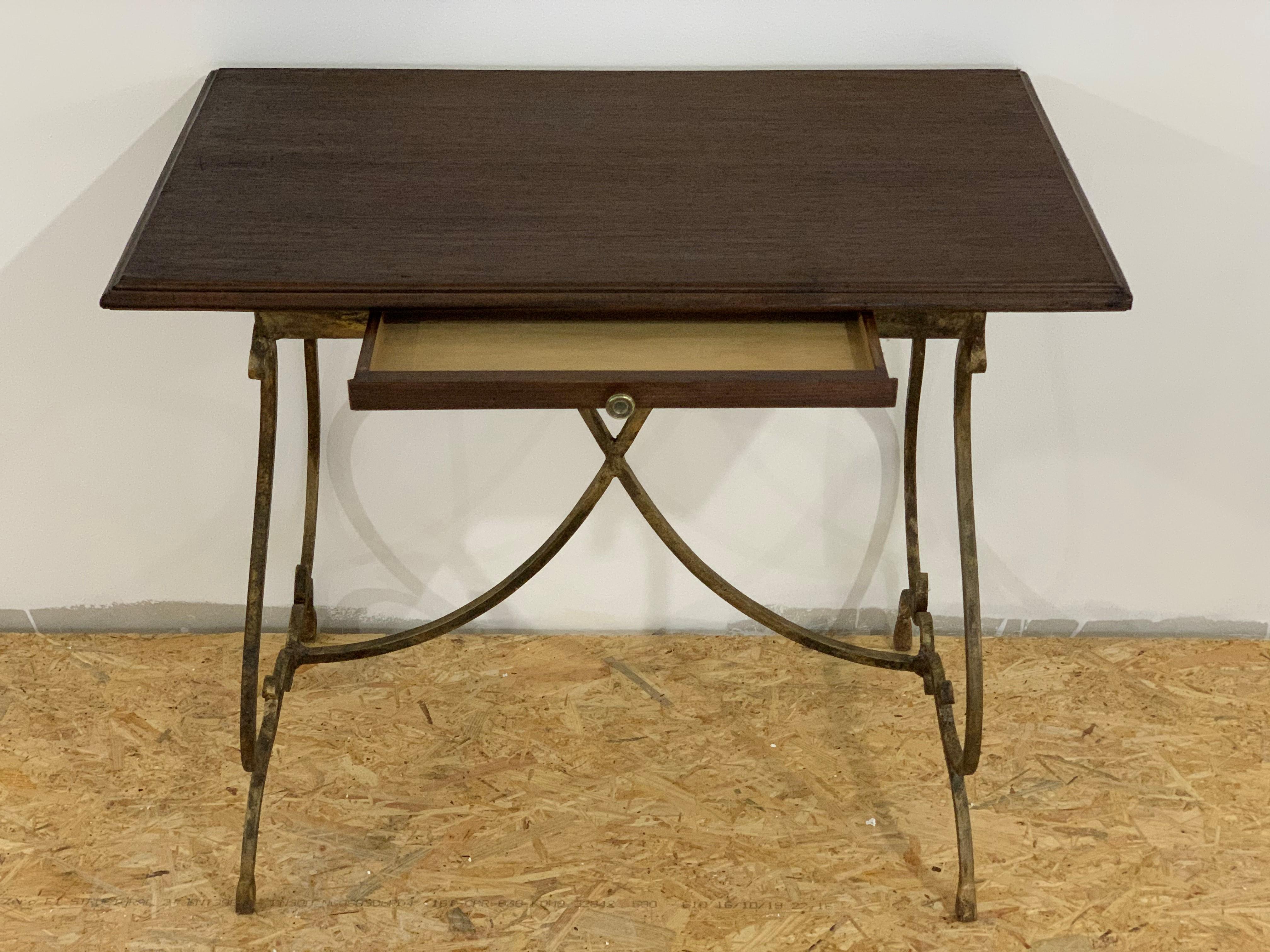 19th French Bistro Table with Iron Lyre Legs & Wood Top with Drawer For Sale 1