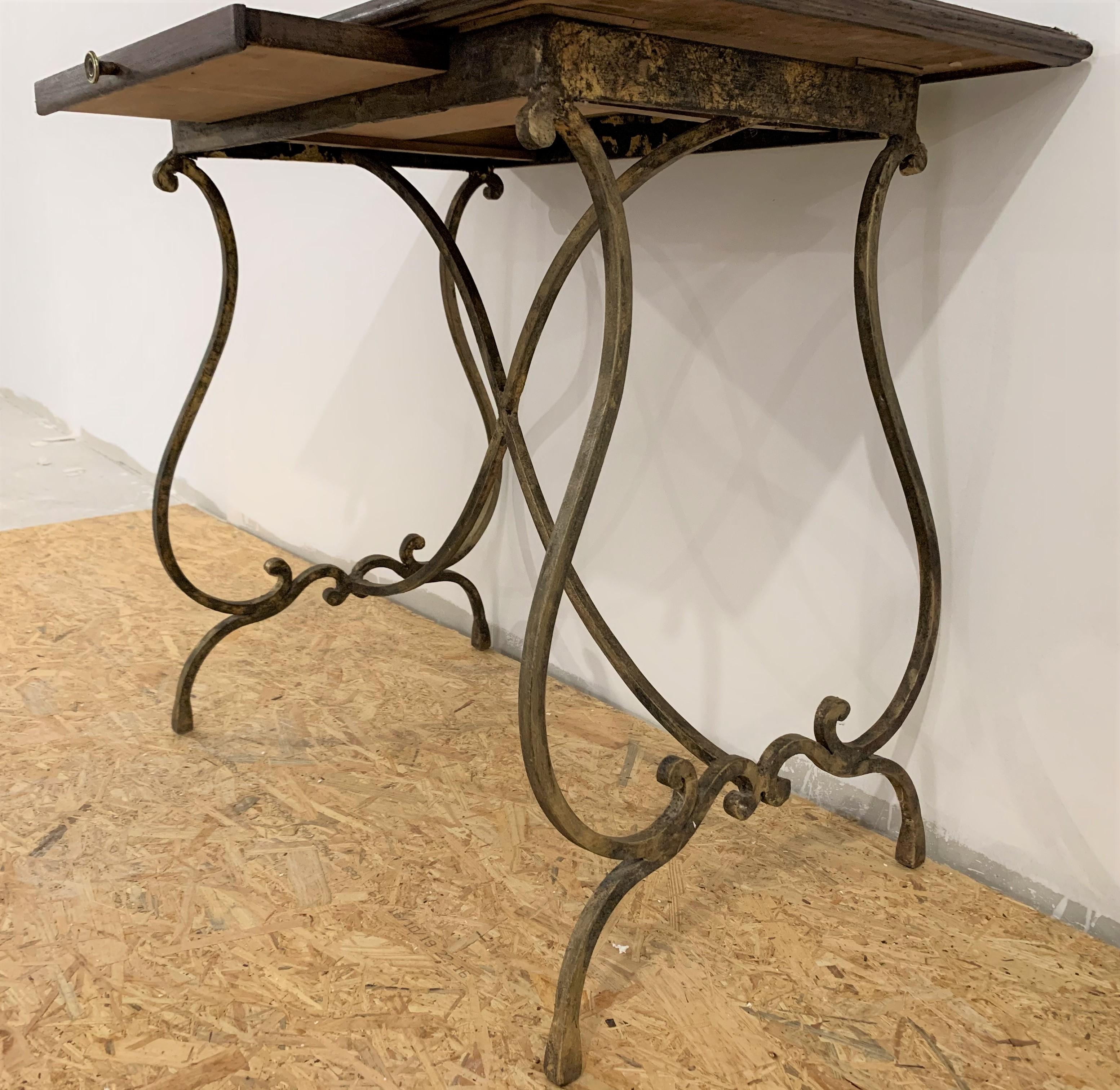 19th French Bistro Table with Iron Lyre Legs & Wood Top with Drawer For Sale 2
