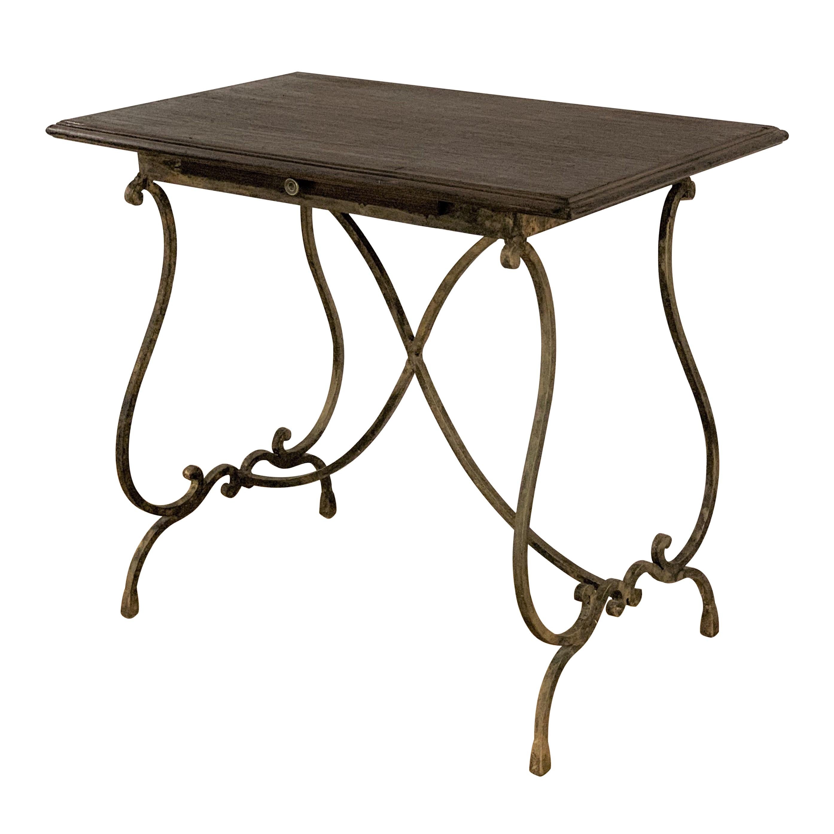 19th French Bistro Table with Iron Lyre Legs & Wood Top with Drawer