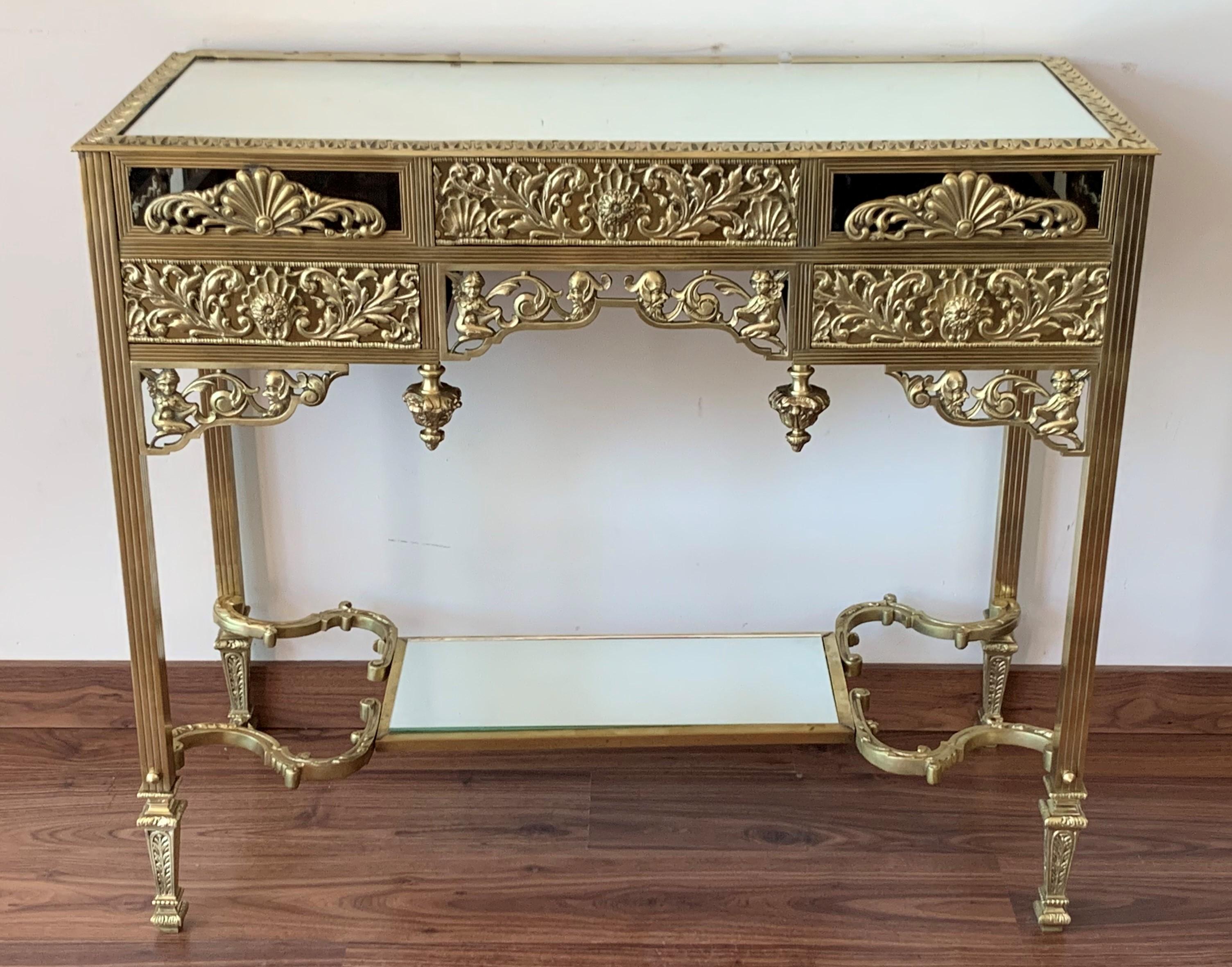 Baroque 19th Century French Bronze Mirrored Dressing Table or Vanity with Three Drawers