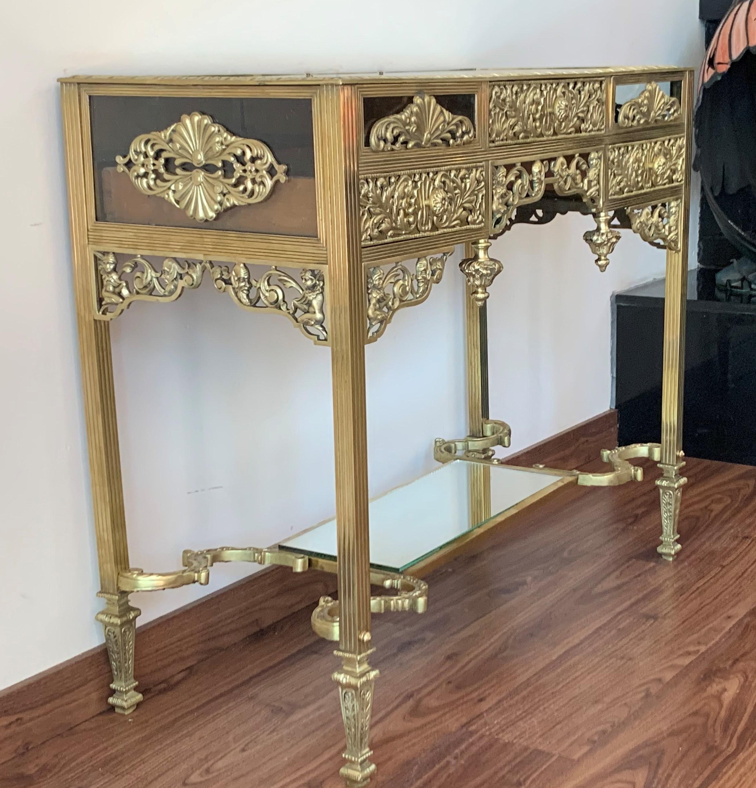 Brass 19th Century French Bronze Mirrored Dressing Table or Vanity with Three Drawers