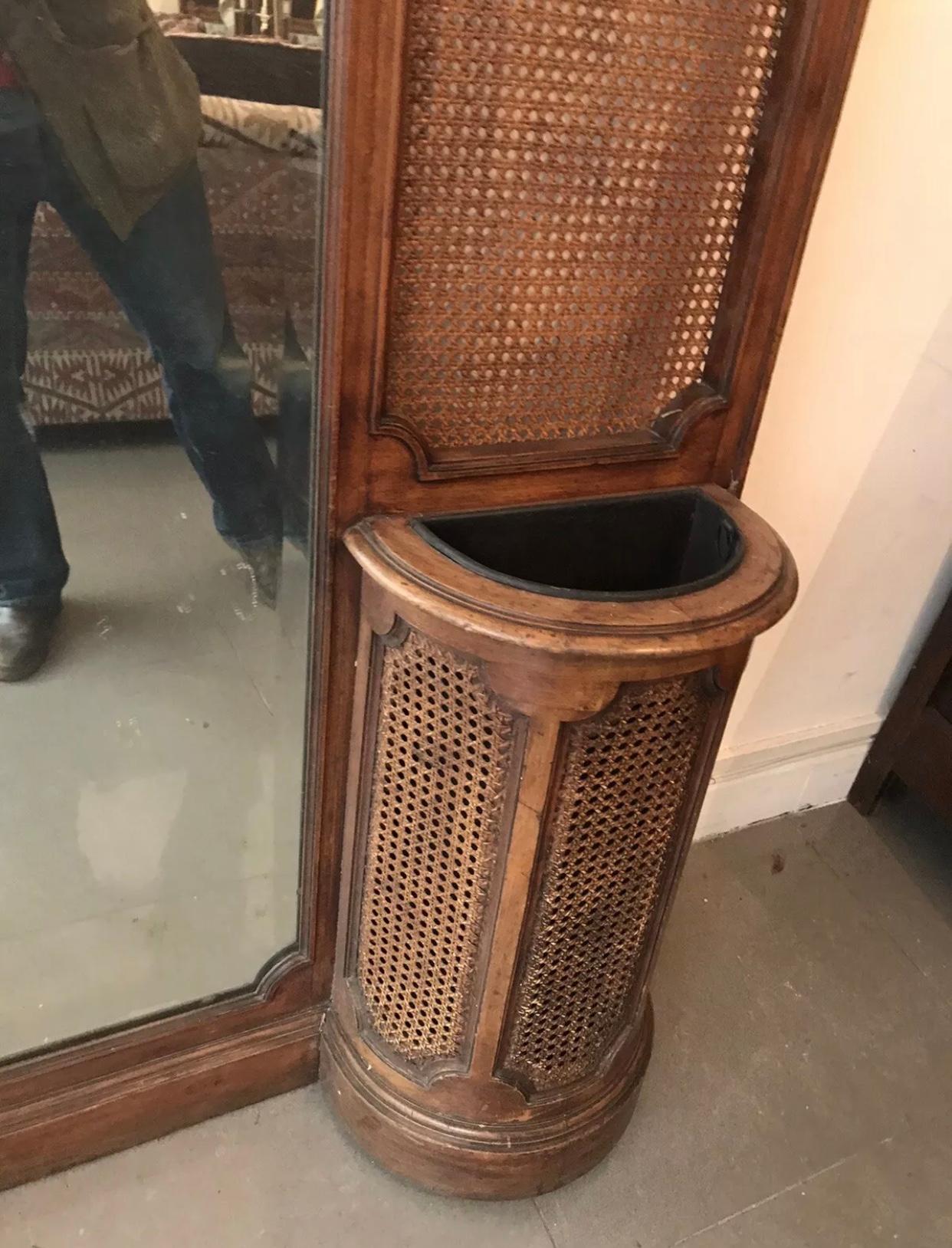 19th Century French Cane Hall Stand with Brass Hooks and Bevelled Mirror In Good Condition In Uppingham, Rutland