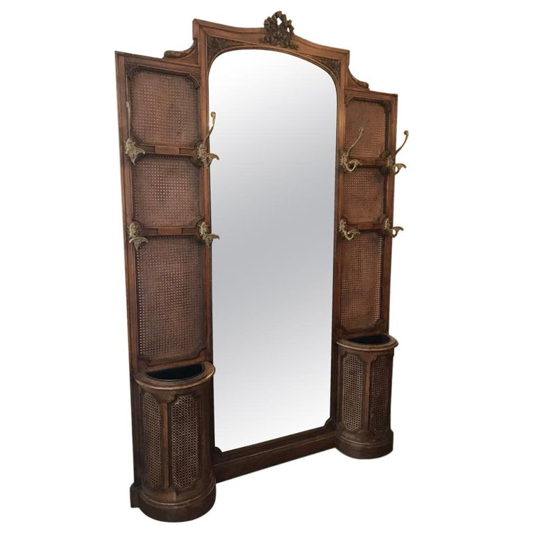 19th Century French Cane Hall Stand with Brass Hooks and Bevelled