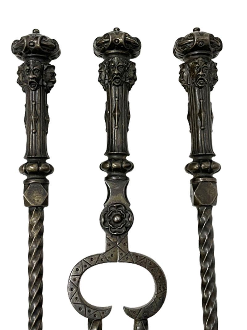 19th French Century Cast Iron Fire Dogs, Andirons with tools For Sale 6