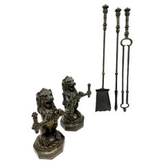 19th French Century Cast Iron Fire Dogs, Andirons with tools